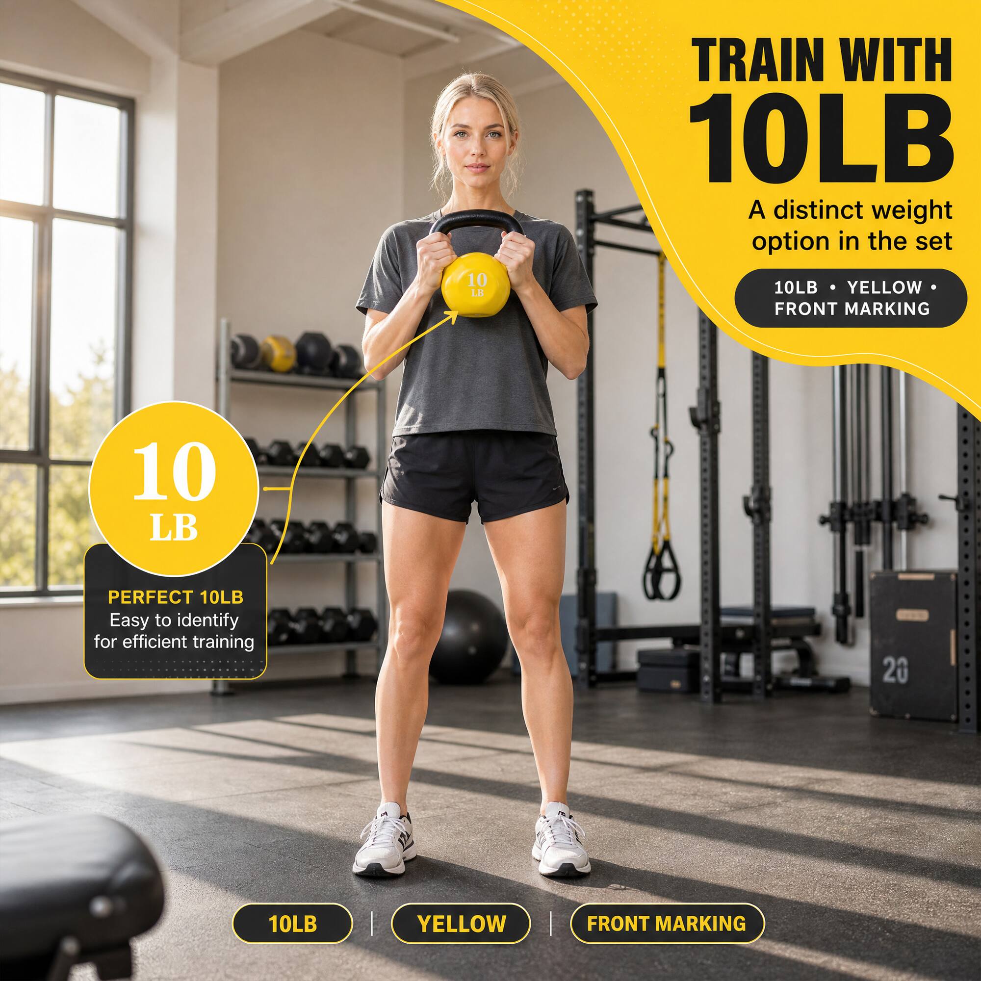 10 LB

TRAIN WITH 10LB  
A distinct weight option in the set  
10LB YELLOW FRONT MARKING

10 LB  
PERFECT 10LB  
Easy to identify for efficient training

10LB  
YELLOW  
FRONT MARKING