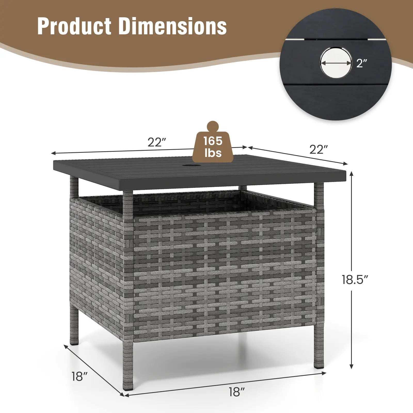 Product Dimensions: 2" x 22" x 18.5" x 18" x 18"  
Weight: 165 lbs
