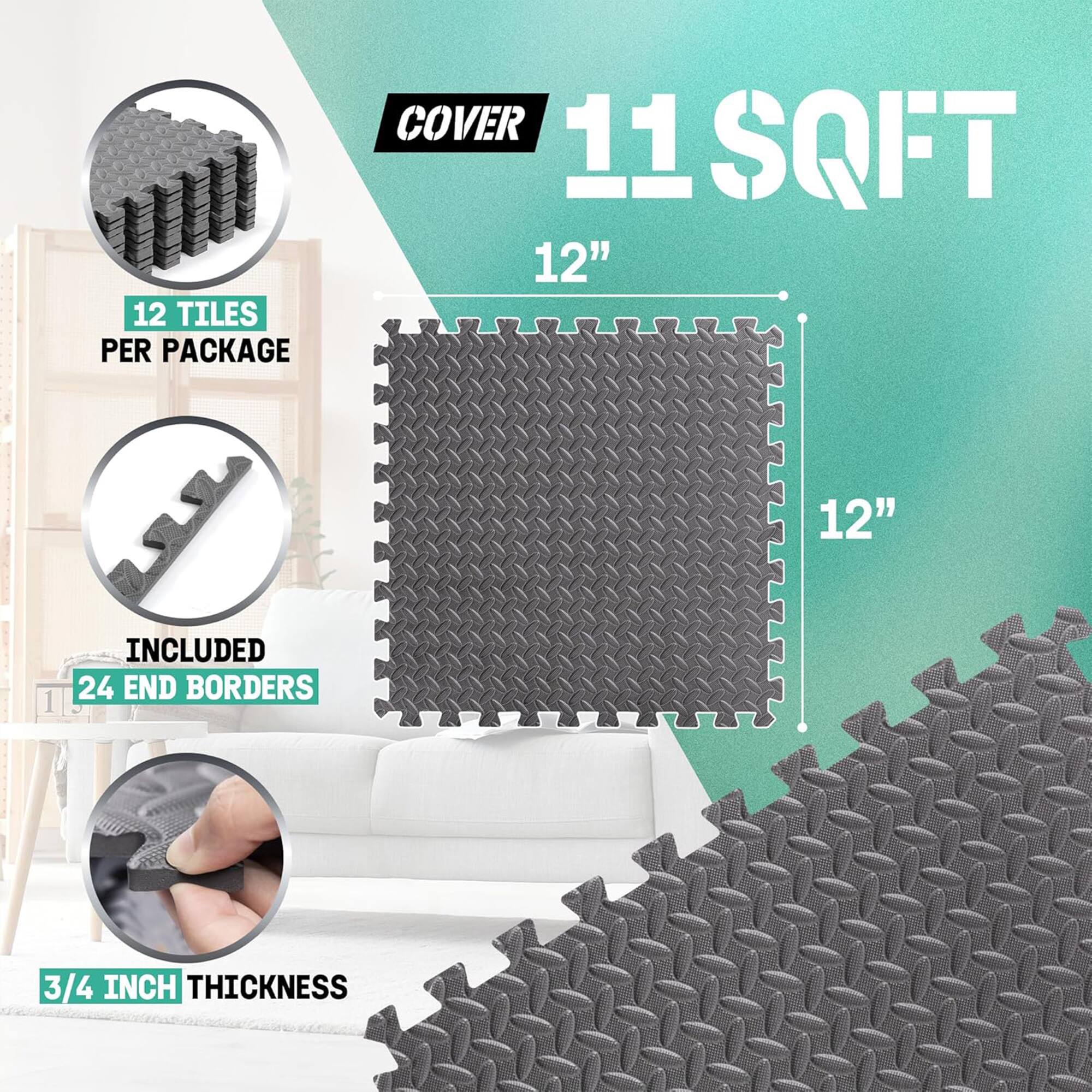 12 tiles per package cover 11 sqft 12" x 12" included 24 end borders 3/4 inch thickness