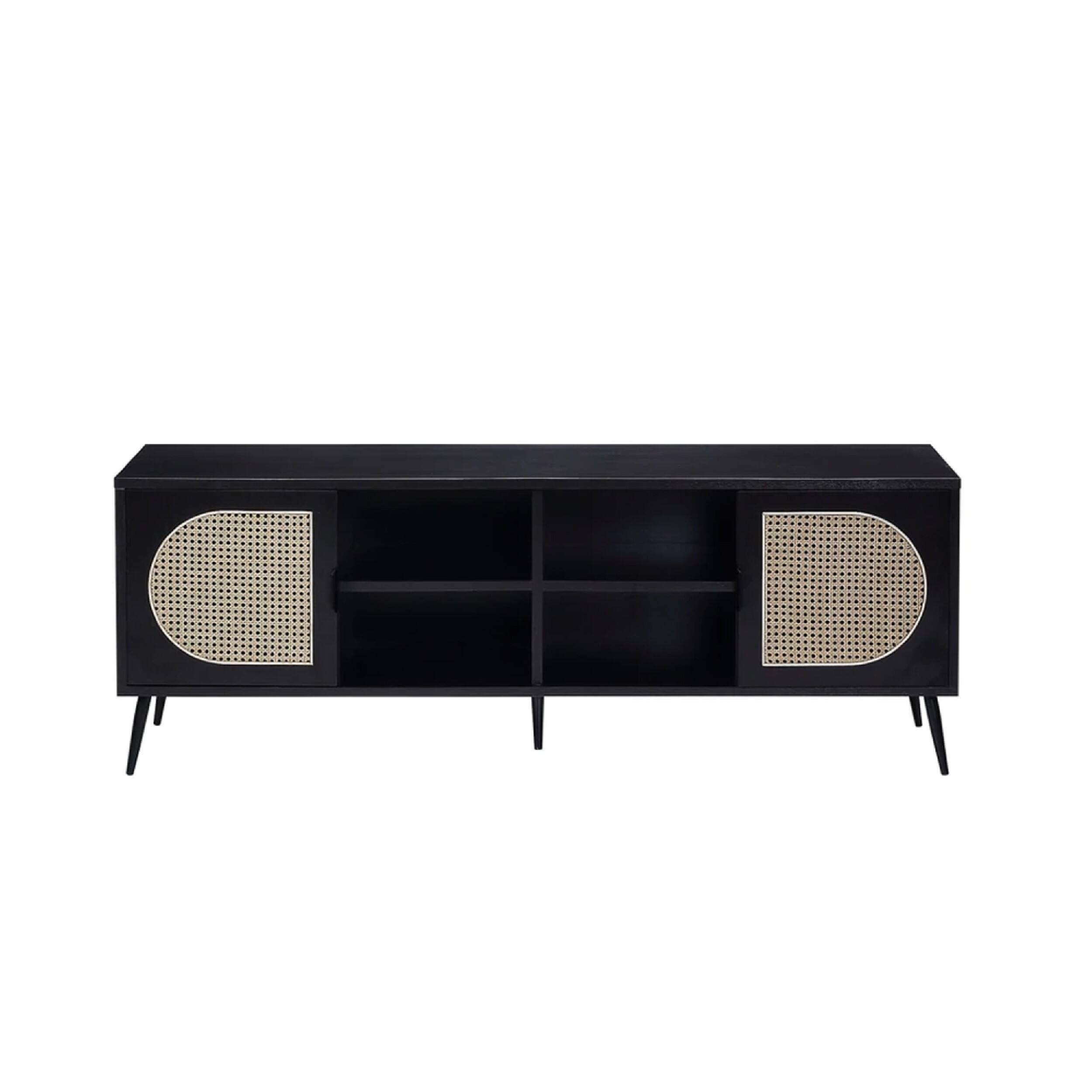 Alt View 1. Manhattan Lane - 60 Inch TV Entertainment Center, Rattan Front 2 Cabinet, Metal Legs, Black - Black.