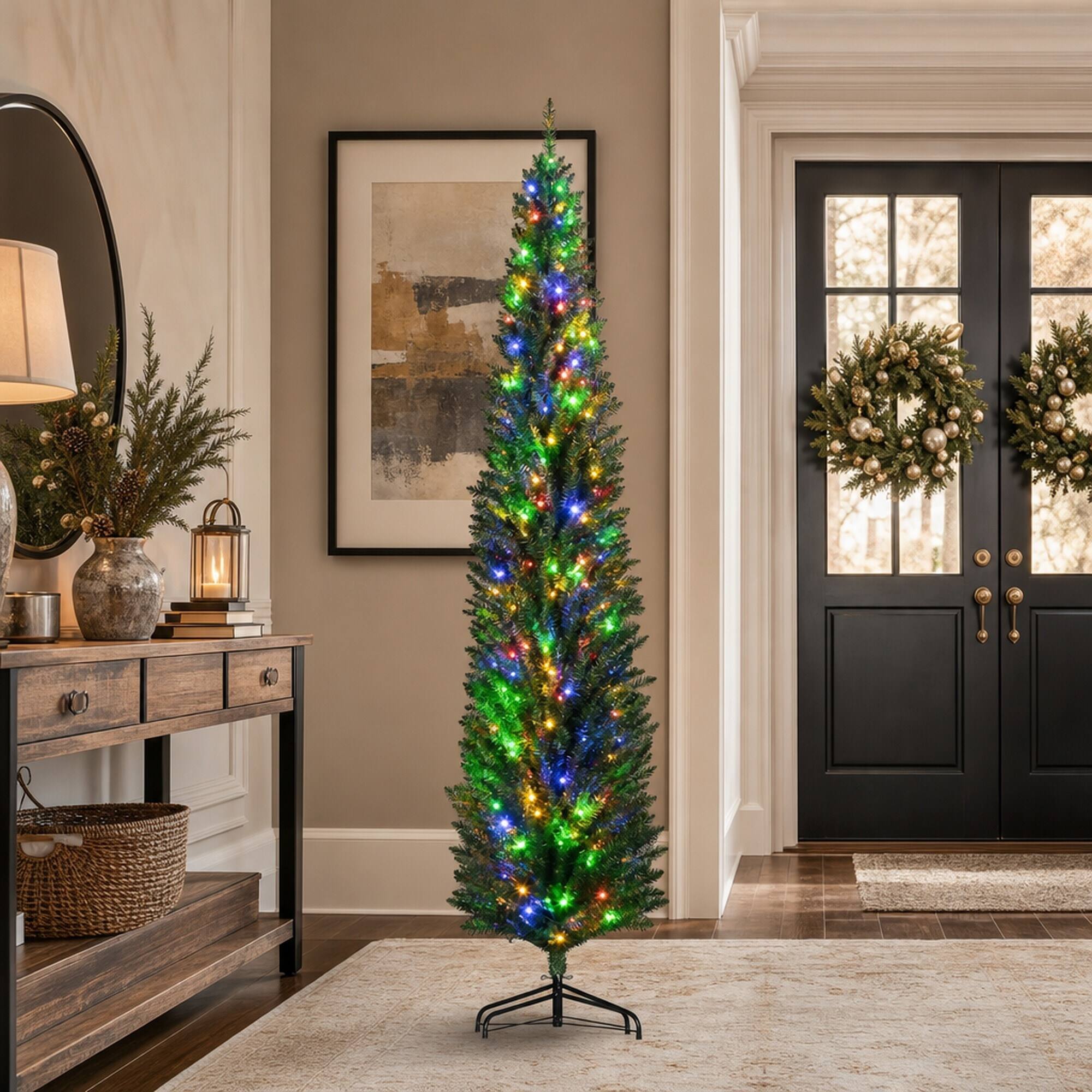 Alt View 2. RYHNUYNE - 8FT Pre-Lit Pencil Christmas Tree With 250 Colorful LED Lights and 668 Branches, Green Steel Base - Green.