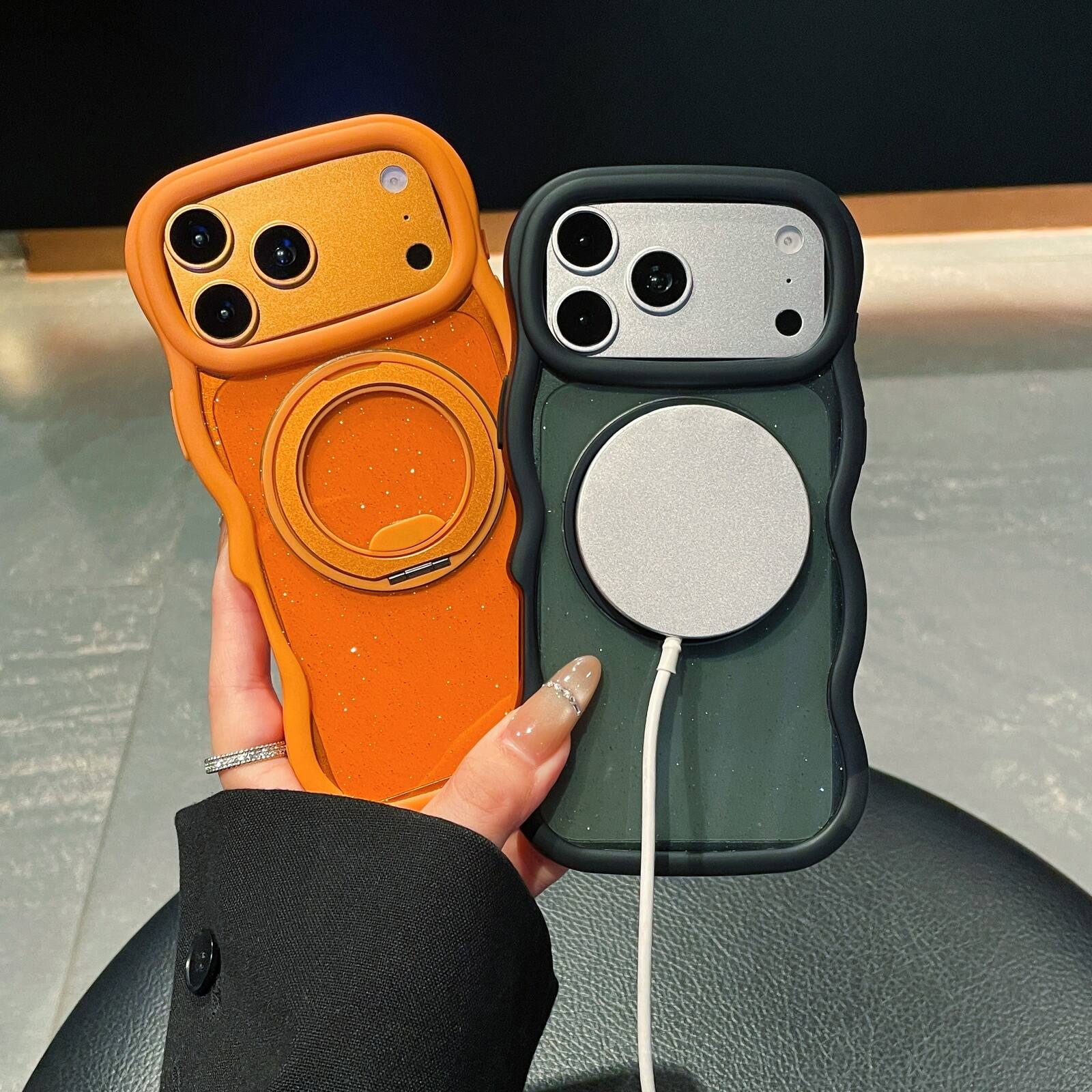 Back. Dteck - for Apple iPhone 17 Pro Max Wave-Frame Glitter Clear Case,Rugged Shock-absorbent Cover with Metal Rotation Kickstand - Orange.