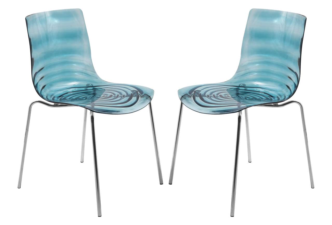 Front. LeisureMod - Set of 2 Astor Plastic Side Dining Chair with Accent Chrome Metal Legs and Ripple Design for Home or Office - Transparent Blue.