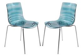 LeisureMod - Set of 2 Astor Plastic Side Dining Chair with Accent Chrome Metal Legs and Ripple Design for Home or Office - Transparent Blue