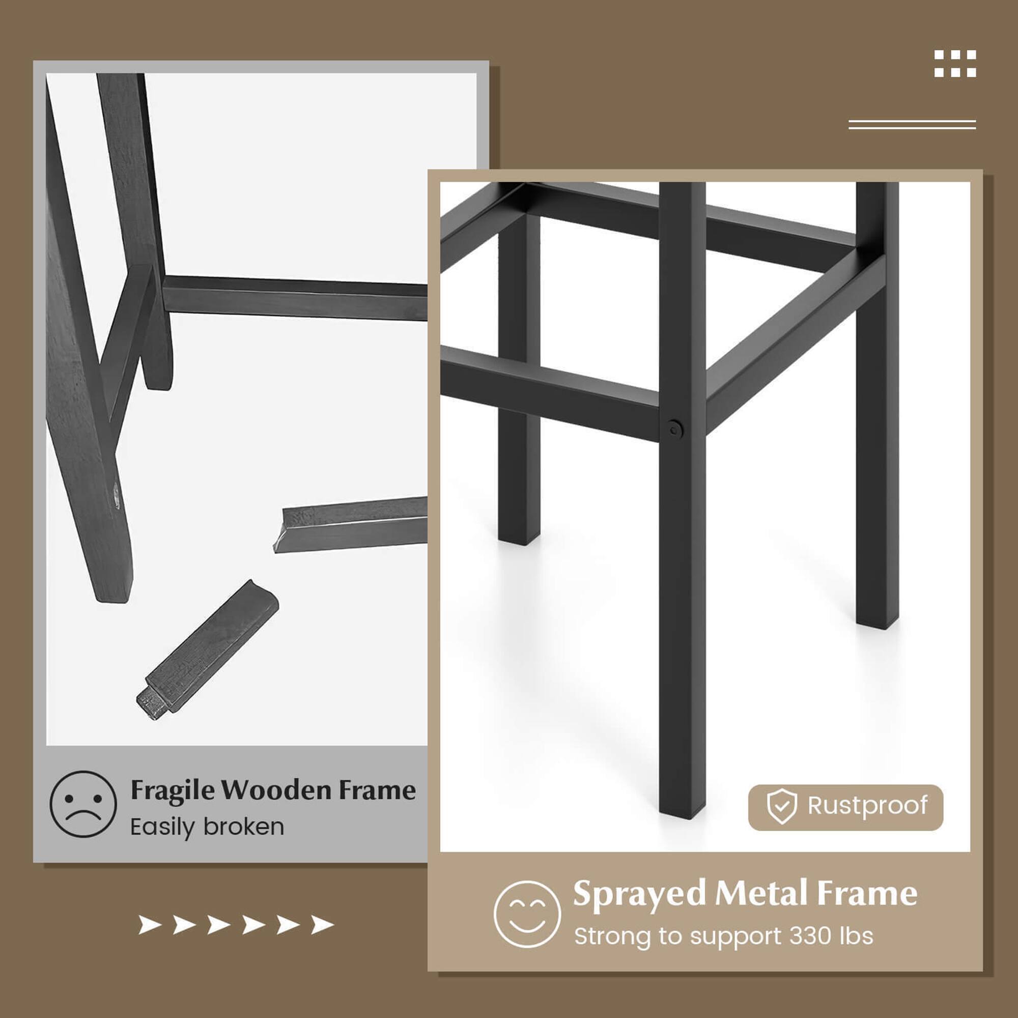 Fragile Wooden Frame  
Easily broken  

Sprayed Metal Frame  
Strong to support 330 lbs  
Rustproof