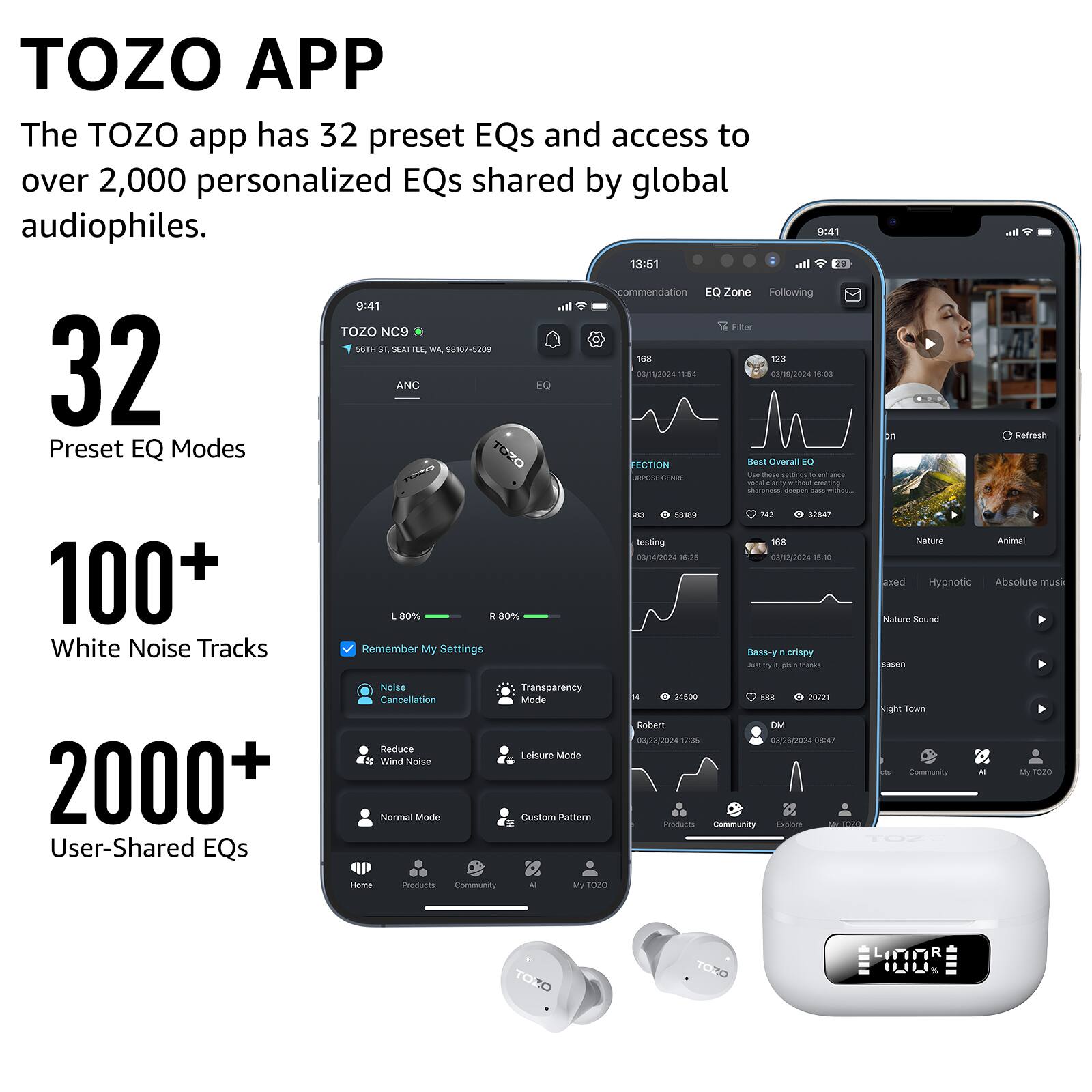 TOZO APP

The TOZO app has 32 preset EQs and access to over 2,000 personalized EQs shared by global audiophiles.

32  
Preset EQ Modes

100+  
White Noise Tracks

2000+  
User-Shared EQs

---

TOZO NC9  
ANC  
EQ

- Noise Cancellation
- Reduce Wind Noise
- Normal Mode
- Transparency Mode
- Leisure Mode
- Custom Pattern

- Remember My Settings

---

13:51  
Recommendation  
EQ Zone  
Following

- 168  
  10/10/2024 12:54  
  581899  
  742  
  32647

- 123  
  10/10/2024 09:03  
  24500  
  548  
  20721

- 14  
  03/14/2024 09:25  
  24500  
  548  
  2
