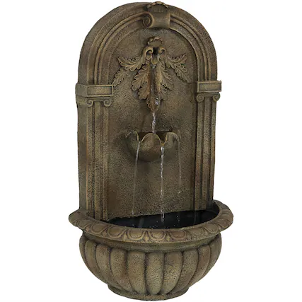 Front. Sunnydaze - Florence Polystone Outdoor Wall Fountain - Florentine Stone Finish.