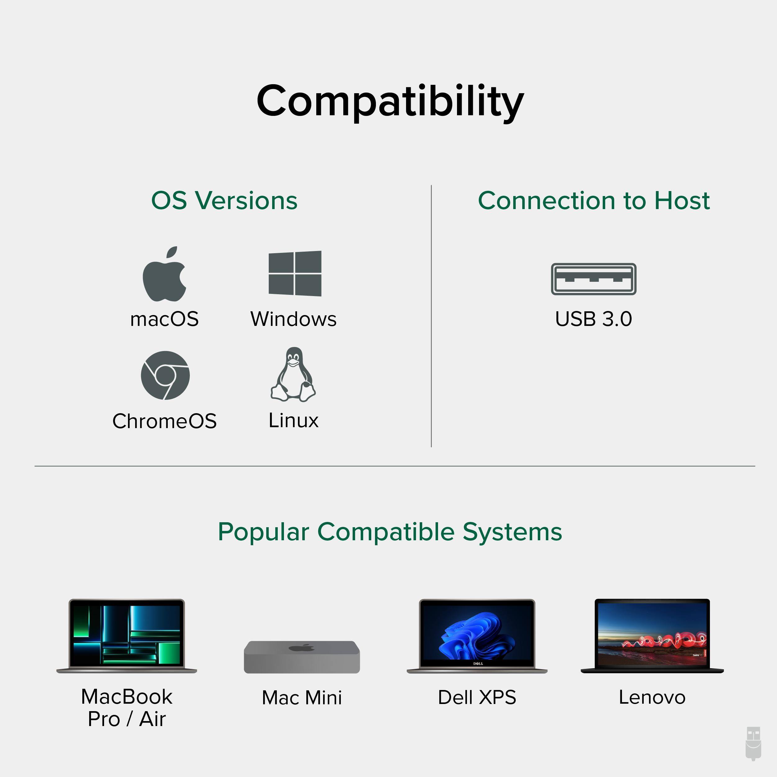 Compatibility

OS Versions  
- macOS  
- Windows  
- ChromeOS  
- Linux  

Connection to Host  
- USB 3.0  

Popular Compatible Systems  
- MacBook Pro / Air  
- Mac Mini  
- Dell XPS  
- Lenovo
