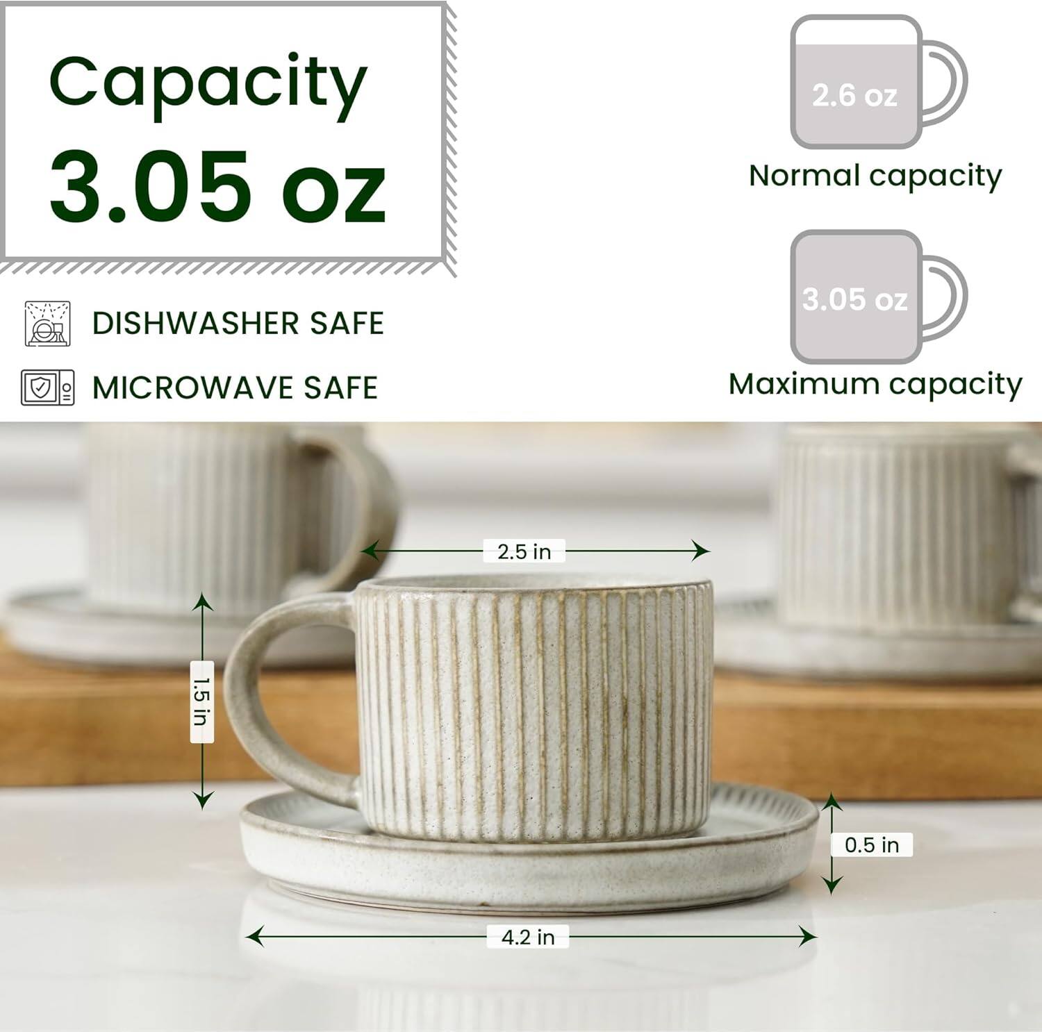 Capacity: 3.05 oz  
Normal capacity: 2.6 oz  
Maximum capacity: 3.05 oz  

DISHWASHER SAFE  
MICROWAVE SAFE  

Dimensions:  
- Height: 2.5 in  
- Diameter: 4.2 in  
- Rim: 0.5 in  
- Base: 1.5 in