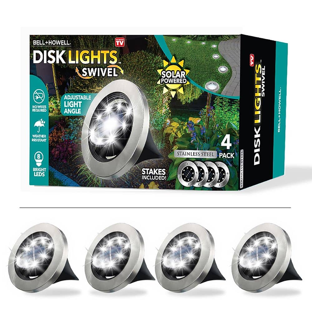 Bell + Howell - 8 LED Swivel Solar Powered Disk Lights with Auto On/Off, Adjustable Angle, Walkway Lights - 4 Pack