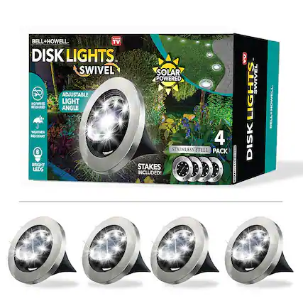 BELL+HOWELL DISK LIGHTS SWIVEL
- ADJUSTABLE LIGHT ANGLE
- NO WIRES REQUIRED
- WEATHER RESISTANT
- 8 BRIGHT LEDS
- SOLAR POWERED
- 4 STAINLESS STEEL PACK STAKES INCLUDED!
