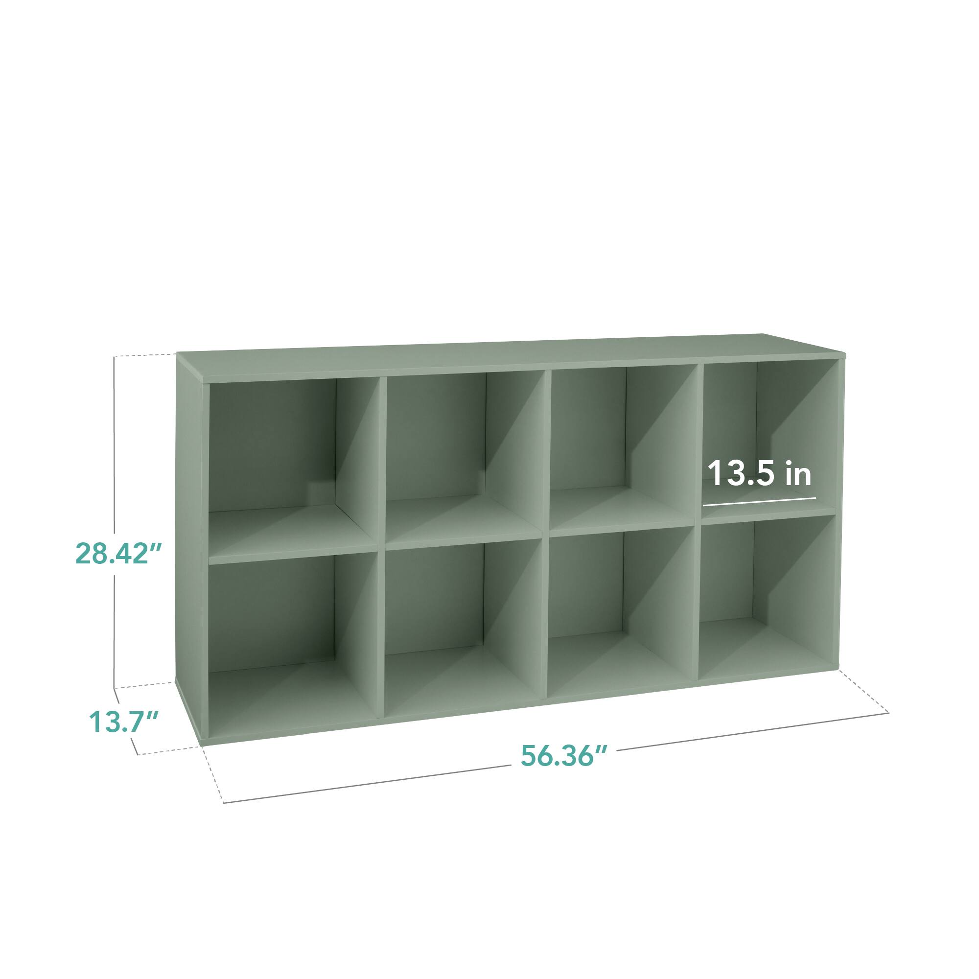 The dimensions of the shelf are:

- Height: 13.5 inches
- Width: 56.36 inches
- Depth: 13.7 inches
- Shelf spacing: 28.42 inches