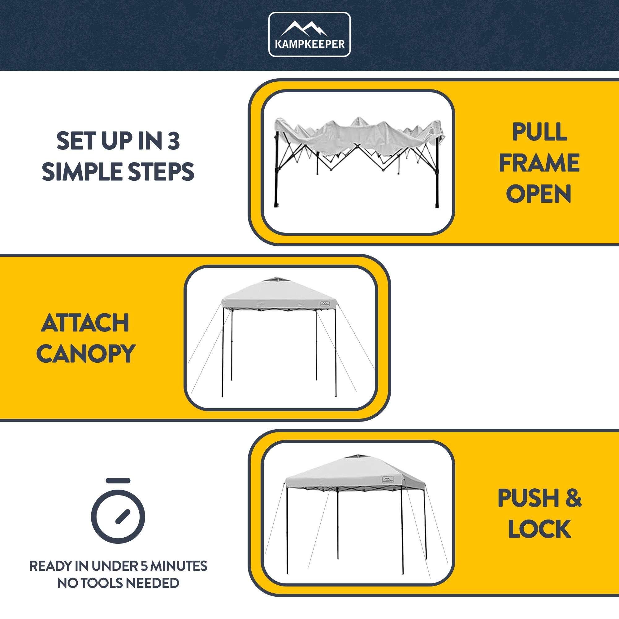 Kampkeeper Set Up in 3 Simple Steps: Pull Frame Open, Attach Canopy, Push & Lock. Ready in Under 5 Minutes, No Tools Needed.