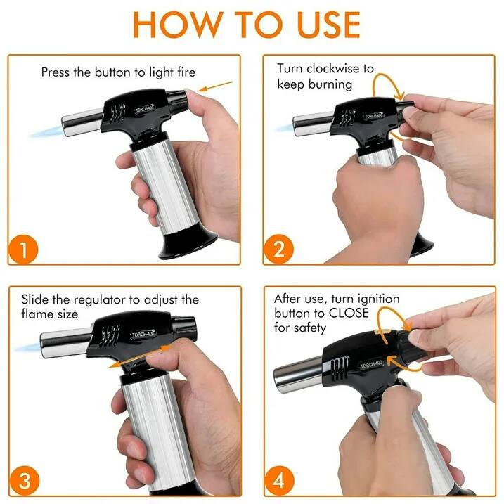 Sure, here is the corrected and grouped text:

---

**HOW TO USE**

1. Press the button to light fire

2. Turn clockwise to keep burning

3. Slide the regulator to adjust the flame size

4. After use, turn ignition button to CLOSE for safety

---

**TORCH-400**