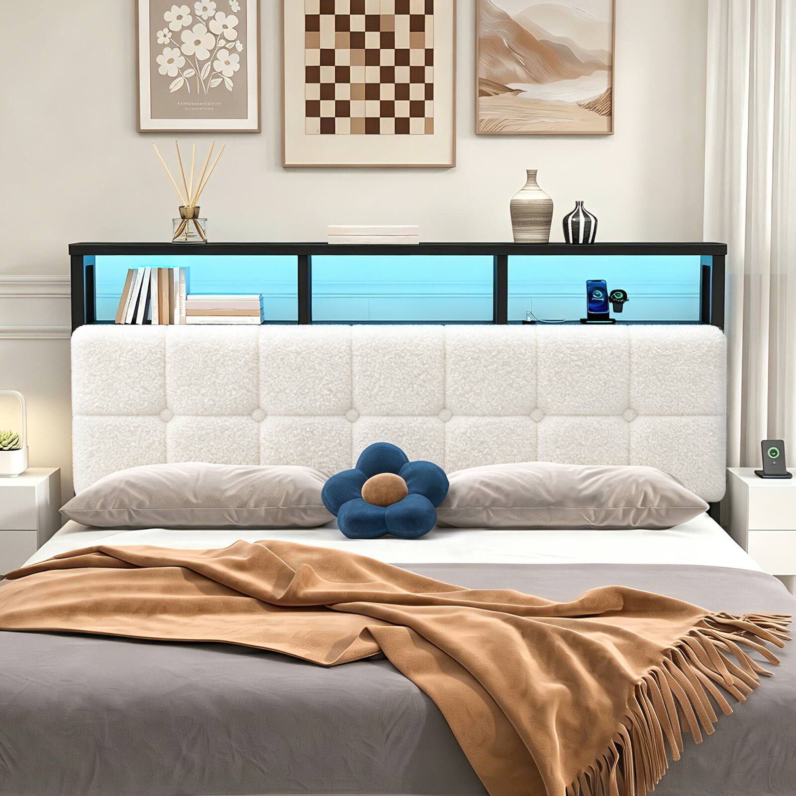 Angle. Pinmoco - Upholstered Headboard with Storage, Charging Station & LED Light, Headboard Only - Off-white.