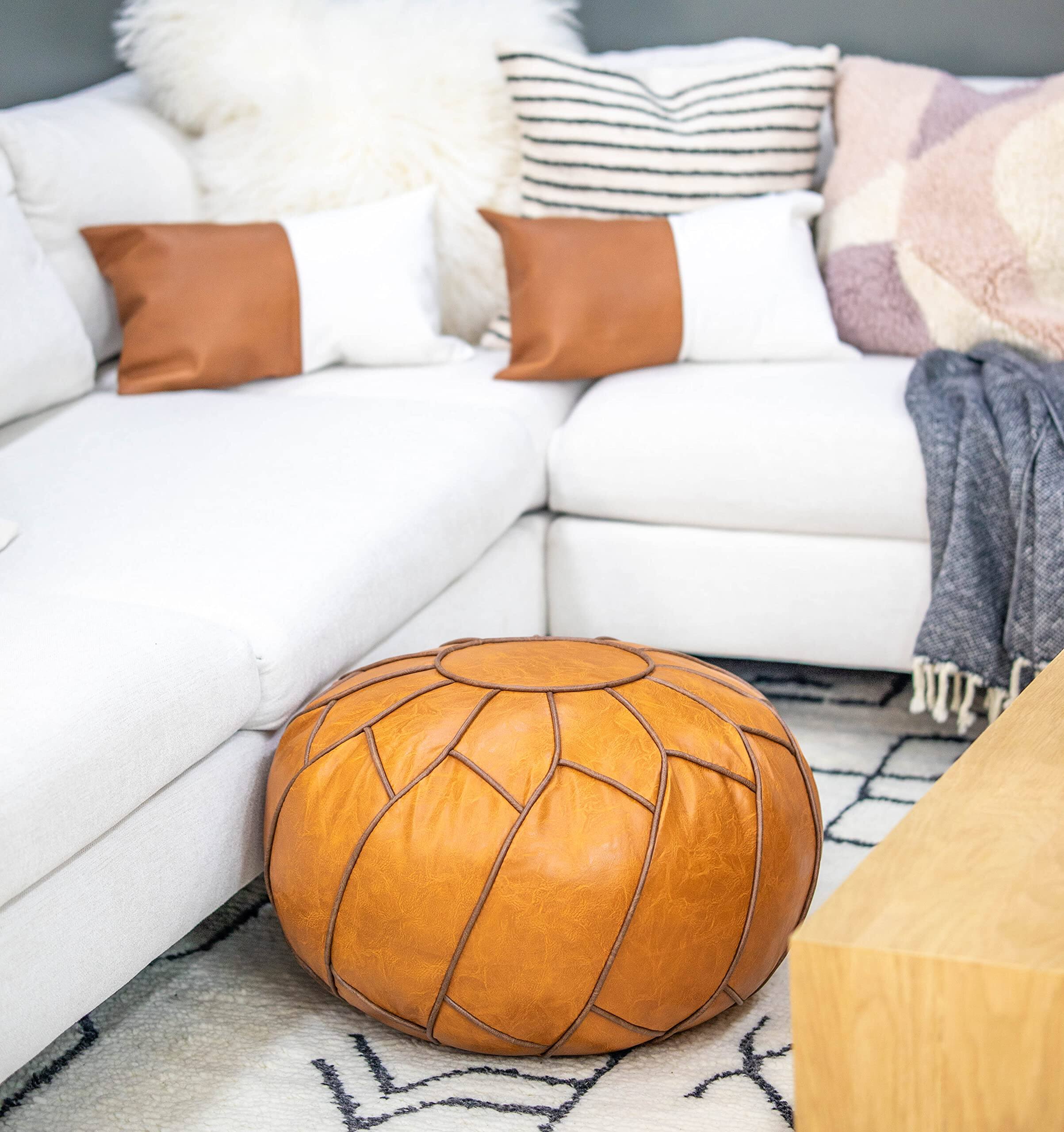 Alt View 2. JETRANSPORT - Pouf Ottoman Pumpkin Color MODERN POUF OTTOMAN:Mid-century vibe Moroccan pouf that meshes perfectly - Mocha Round.