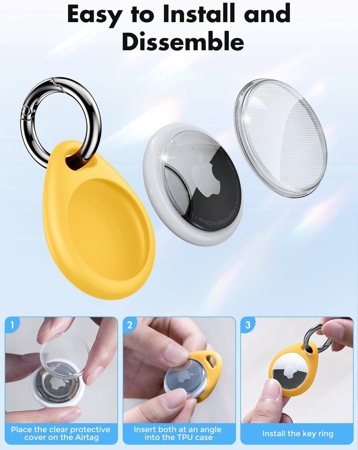 Easy to Install and Disassemble

California China UI Assembled

1. Place the clear protective cover on the AirTag
2. Insert both at an angle into the TPU case
3. Install the key ring