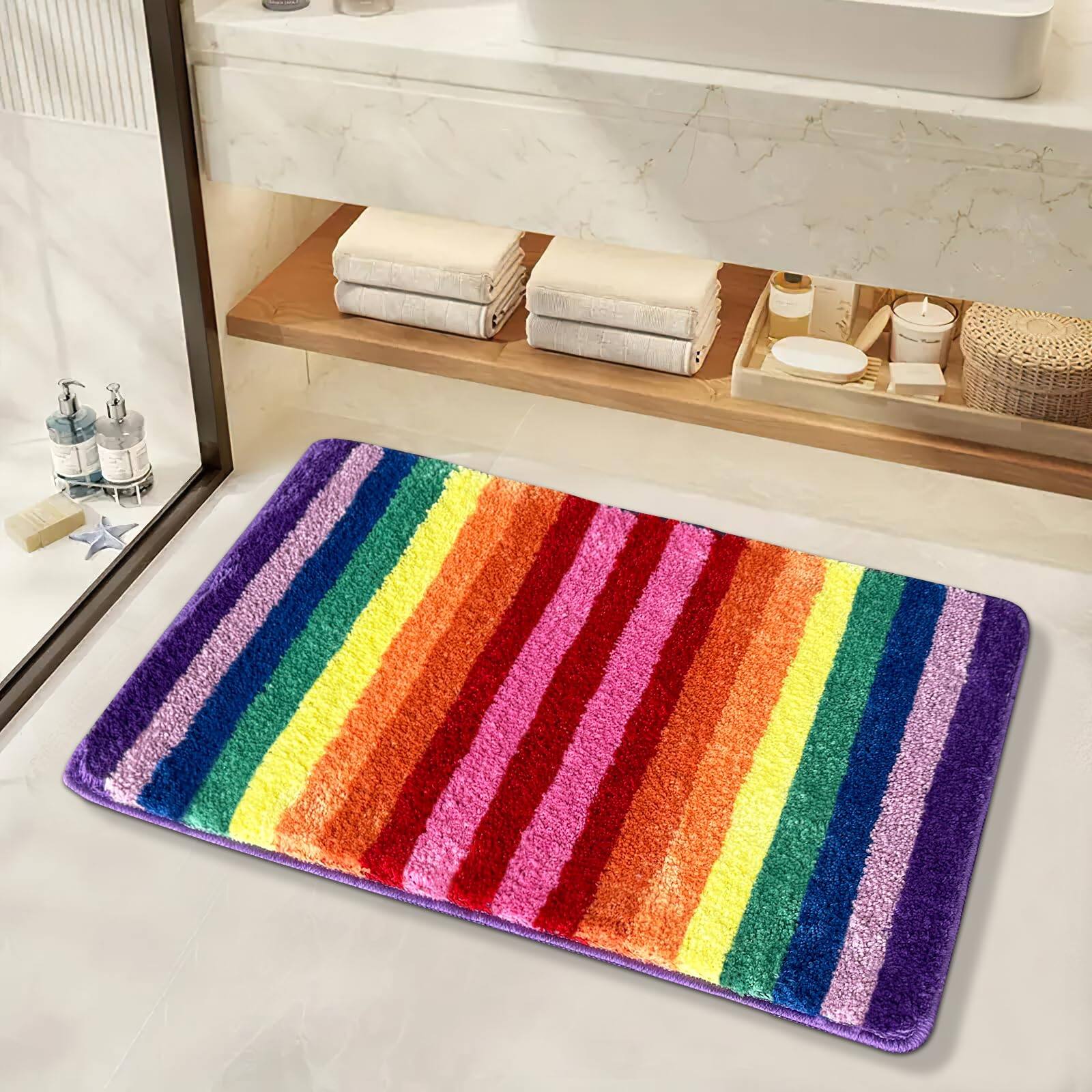 Alt View 3. Paradigms Interiors - Rainbow Bath Mat Cute Bathroom Colorful Rugs Washable Soft Non-slip Shower Shag Fluffy Thick Water Absorbent Microfiber - Colored 1.