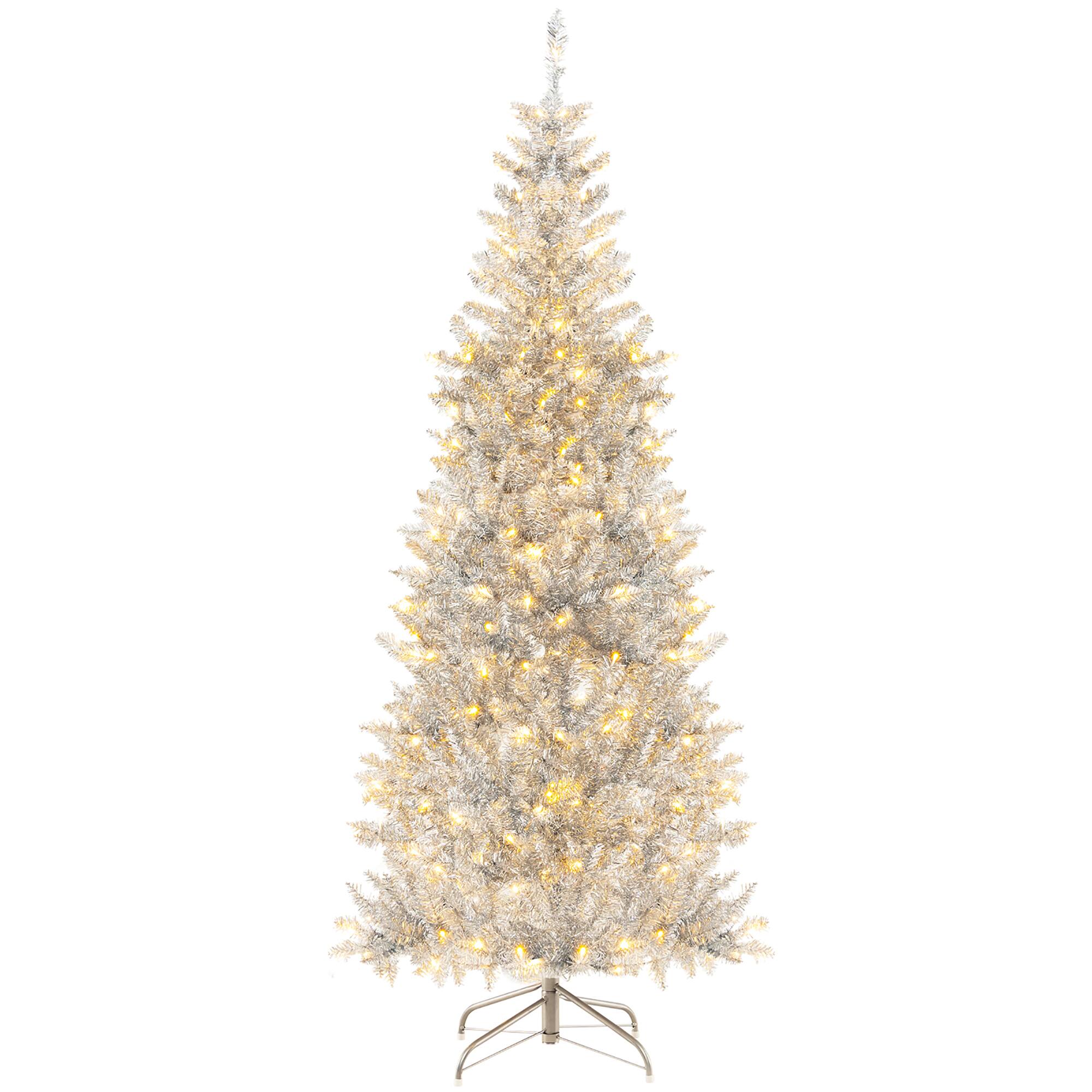 Alt View 9. Gymax - Gymax 6 FT Pre-lit Artificial Silver Tinsel Christmas Tree Slim Pencil Xmas Tree w/ 790 Branch Tips & 300 LED Lights - Silver.