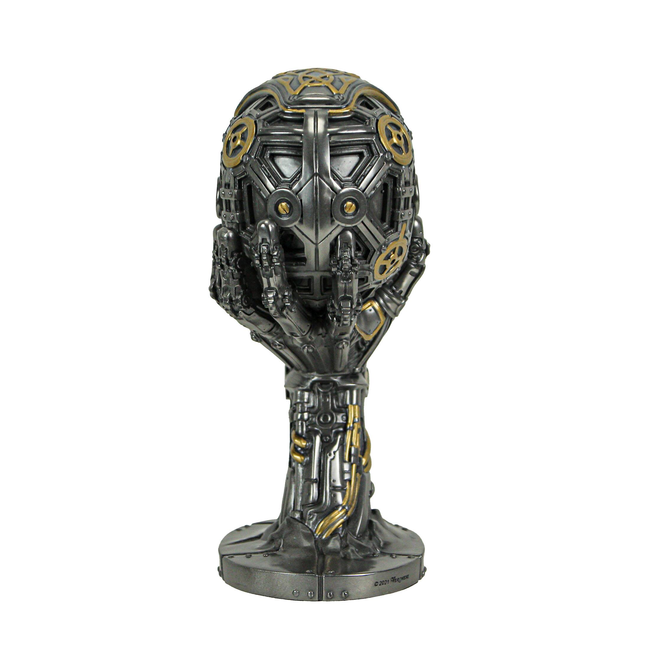 Alt View 2. Veronese Design - Silver / Gold Finished Steampunk Human Skull Statue - Robotic Arm Base - Multicolored.