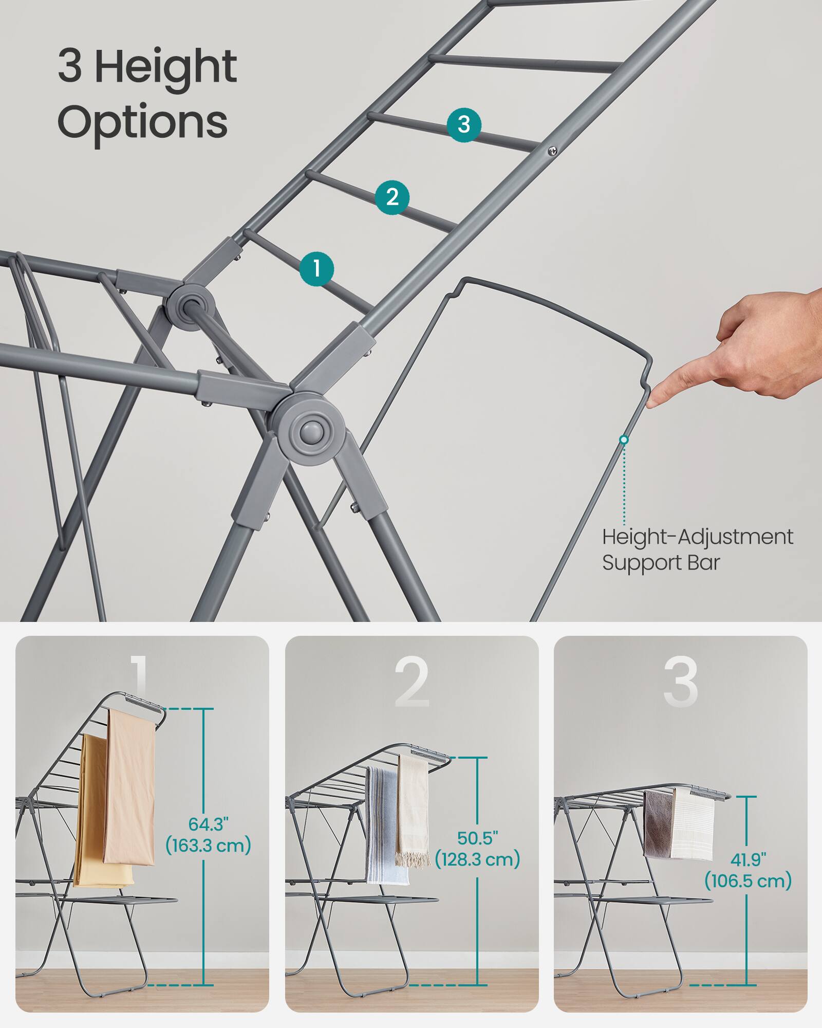 3 Height Options

1. 64.3" (163.3 cm)
2. 50.5" (128.3 cm)
3. 41.9" (106.5 cm)

Height-Adjustment Support Bar