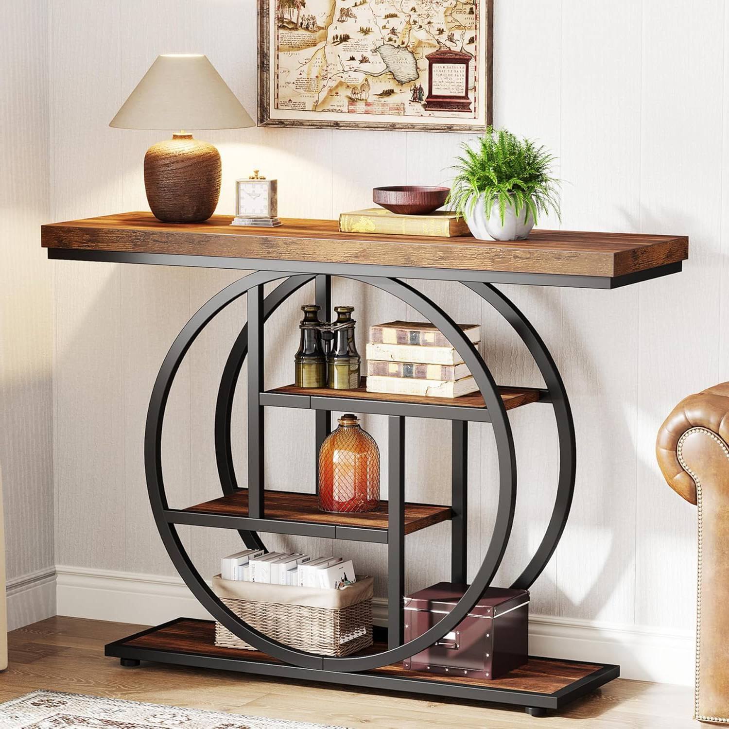 Angle. Hivvago - Modern Industrial 41-inch Long Narrow Entryway Foyer Console Table with Shelves - Rustic Brown.