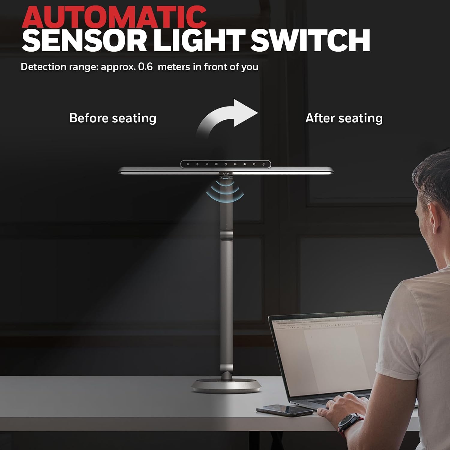 AUTOMATIC SENSOR LIGHT SWITCH  
Detection range: approx. 0.6 meters in front of you  

Before seating  
After seating