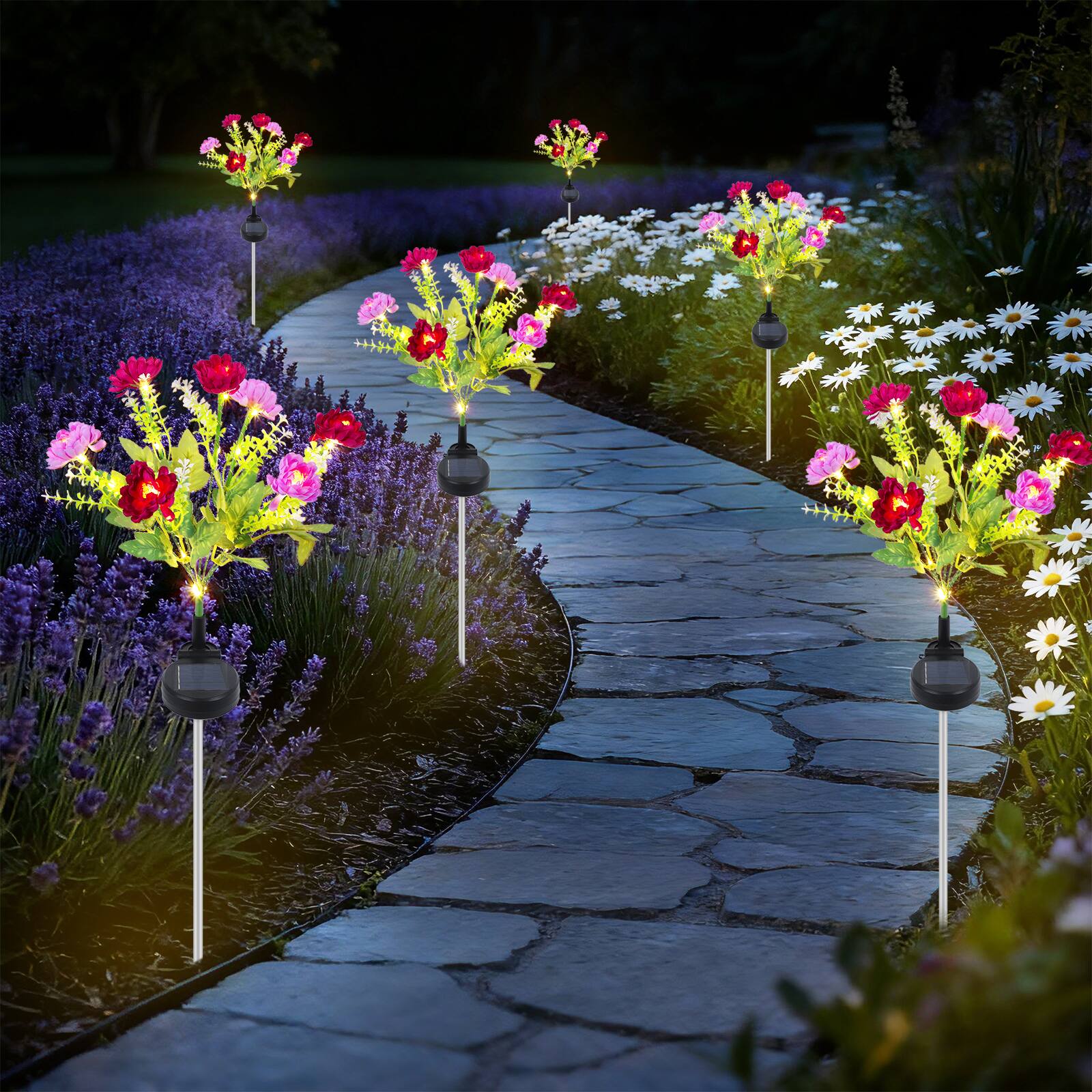 Left. Oumilen - 6PCS Solar-Powered Flower Stake Lights - Decorative Outdoor Garden Pathway Lights with Artificial Blooms.