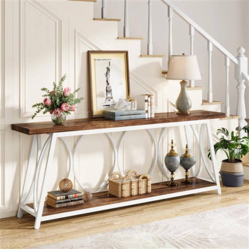 Left. Hivvago - Industrial 70-inch Brown Wood Top Sofa Table with Heavy Duty White Metal Frame - White, Brown.