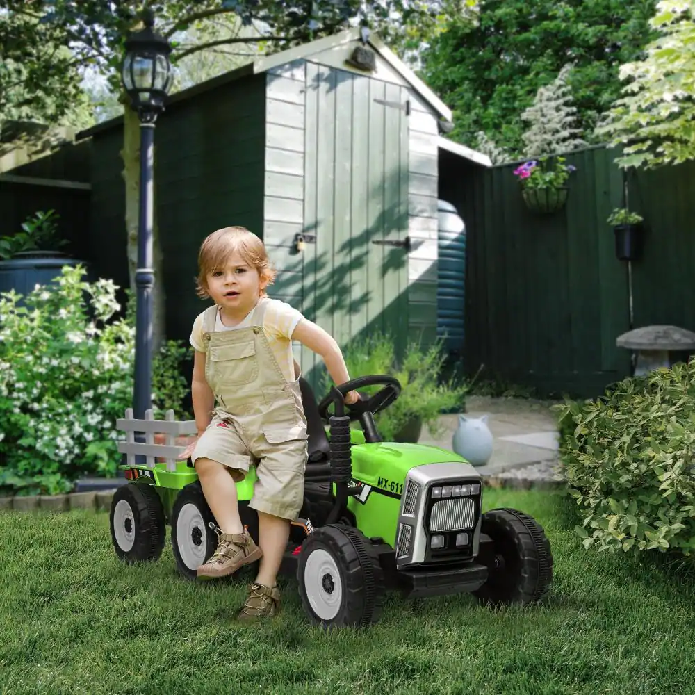 Angle. BreeBe - Aosom 12V Ride-On Tractor with Trailer, 25W Dual Motors, Electric Tractor with Remote, Music, Horn, LED Lights - Green.