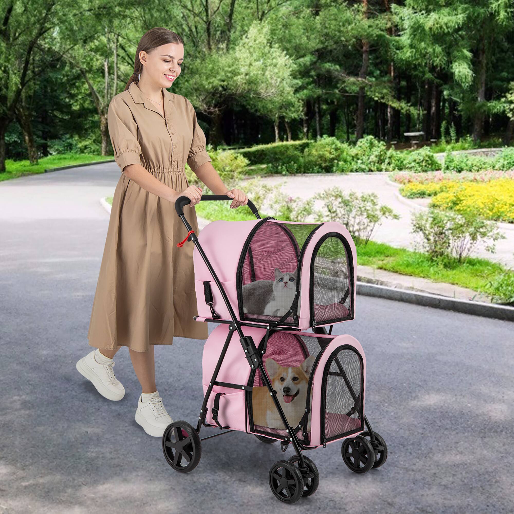 Alt View 1. Gymax - Gymax 4-in-1 Double Pet Stroller w/ Detachable Carrier Travel Carriage for Cats Pink.