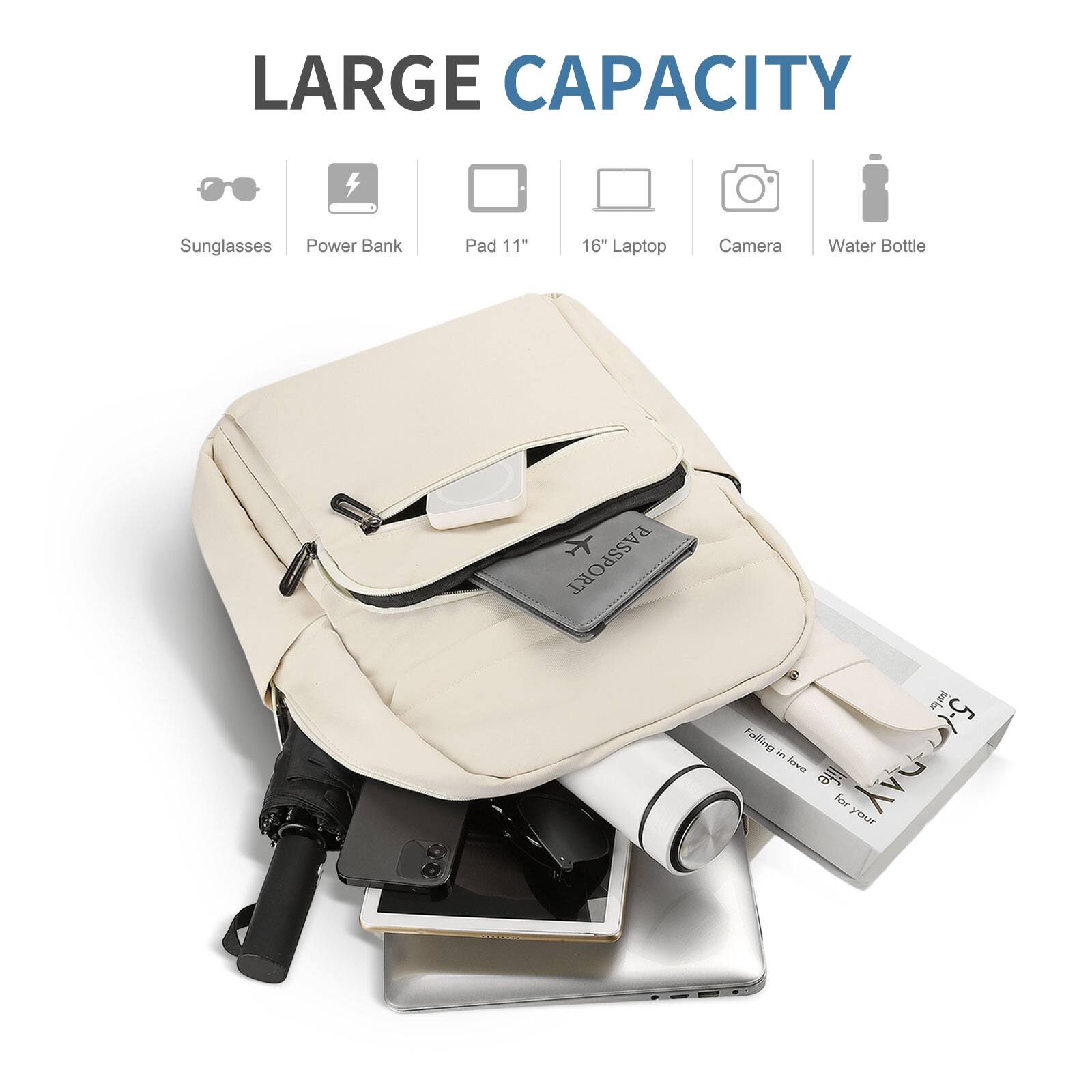 LARGE CAPACITY

- Sunglasses
- Power Bank
- Pad 11"
- 16" Laptop
- Camera
- Water Bottle