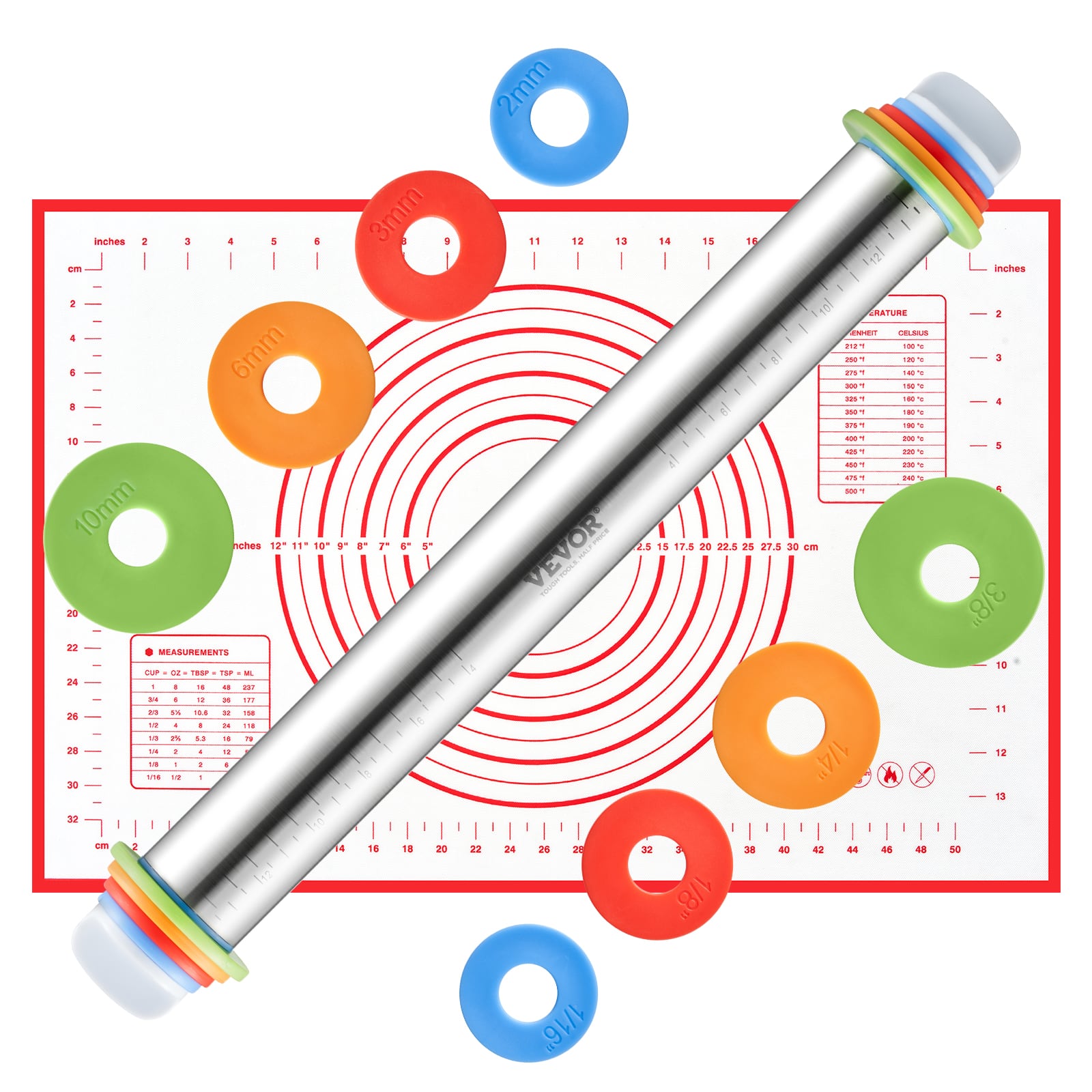 VEVOR Adjustable Rolling Pin with Thickness Rings and Baking Mat Set