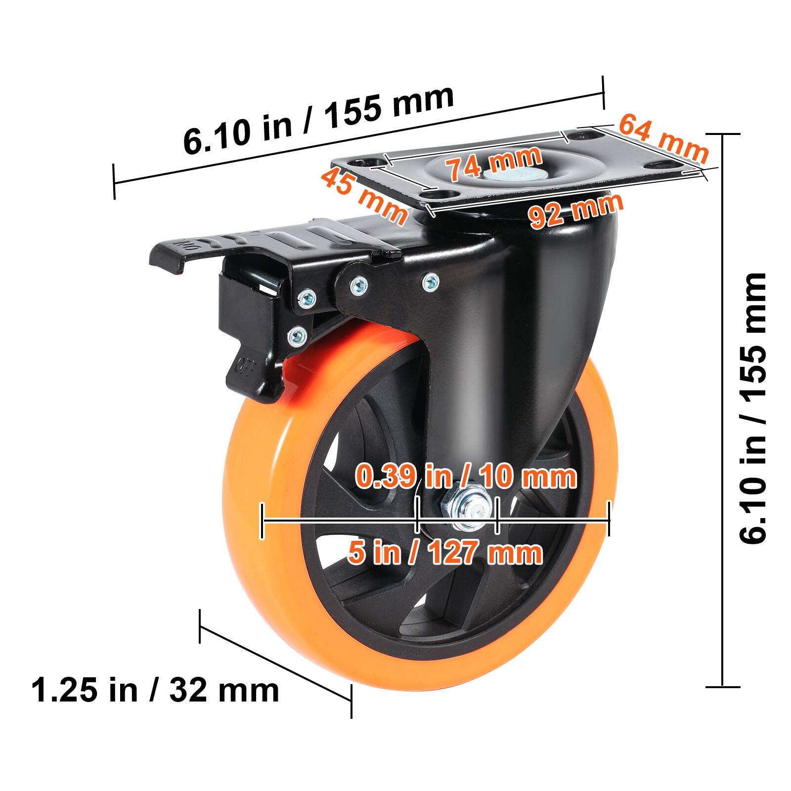 6.10 in / 155 mm  
64 mm  
74 mm  
45 mm  
92 mm  
0.39 in / 10 mm  
5 in / 127 mm  
1.25 in / 32 mm