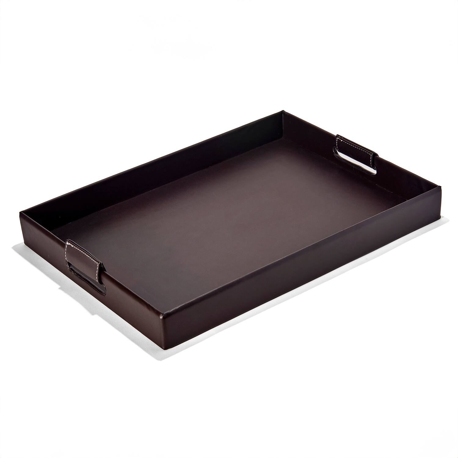Front. American Atelier - Dark Brown Faux Leather Tray with Handles - Brown.