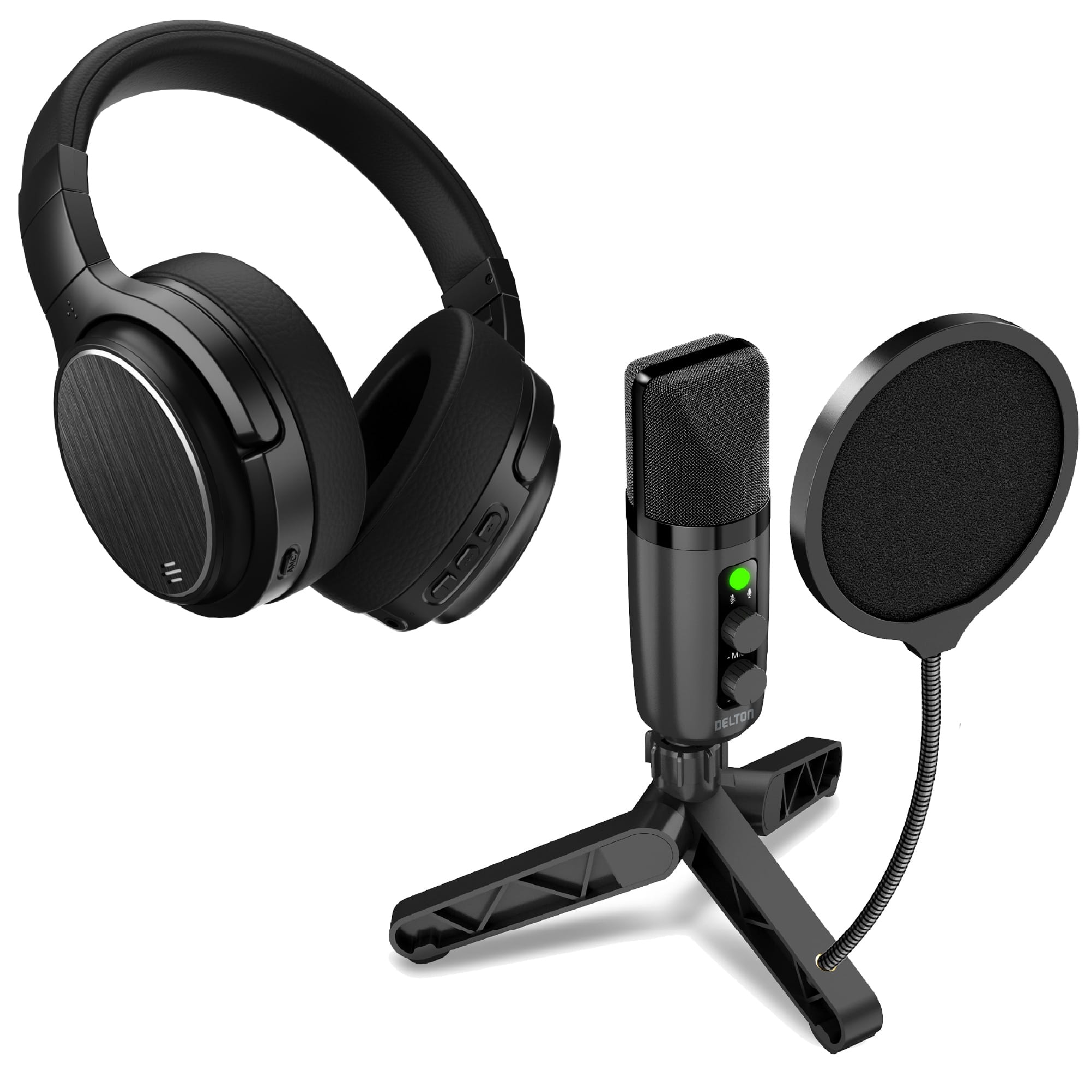 Delton - M101 RGB Condenser Microphone & ANC Bluetooth Computer Headphones Podcast Kit, Black