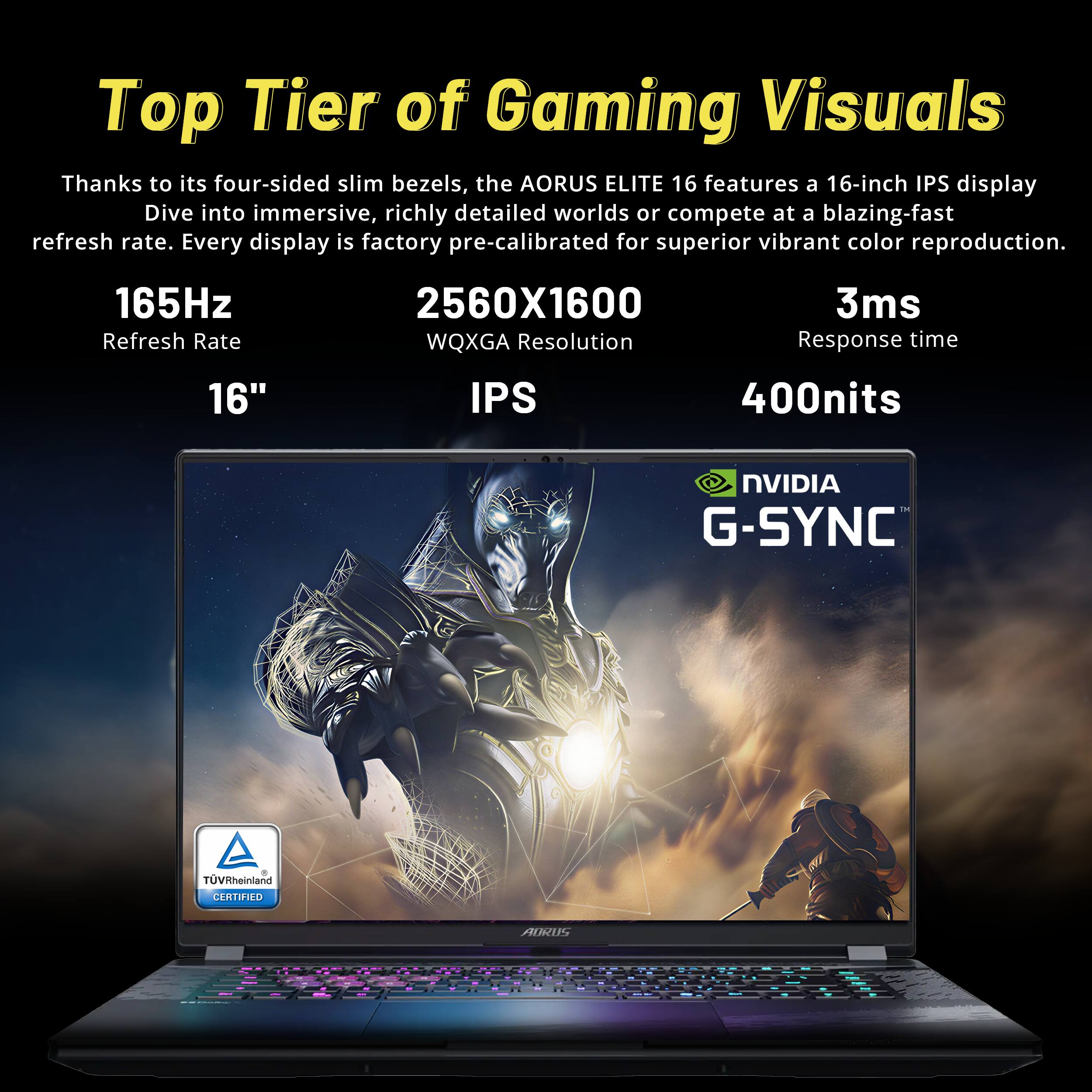 Top Tier of Gaming Visuals

Thanks to its four-sided slim bezels, the AORUS ELITE 16 features a 16-inch IPS display. Dive into immersive, richly detailed worlds or compete at a blazing-fast refresh rate. Every display is factory pre-calibrated for superior vibrant color reproduction.

- 165Hz Refresh Rate
- 2560X1600 WQXGA Resolution
- 3ms Response time
- 16" IPS
- 400nits
- NVIDIA G-SYNC
- TÜV Rheinland CERTIFIED