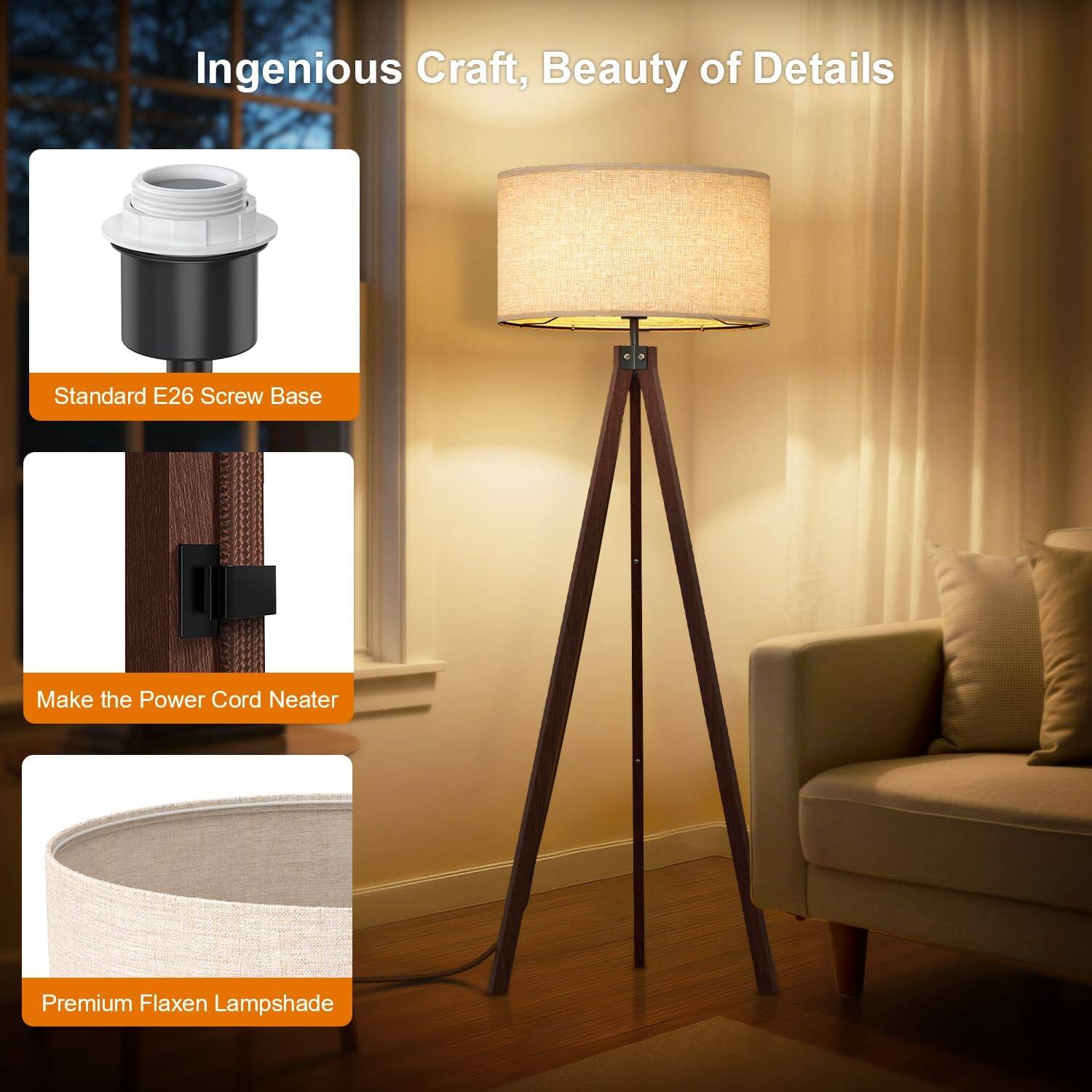 Ingenious Craft, Beauty of Details

- Standard E26 Screw Base
- Make the Power Cord Neater
- Premium Flaxen Lampshade