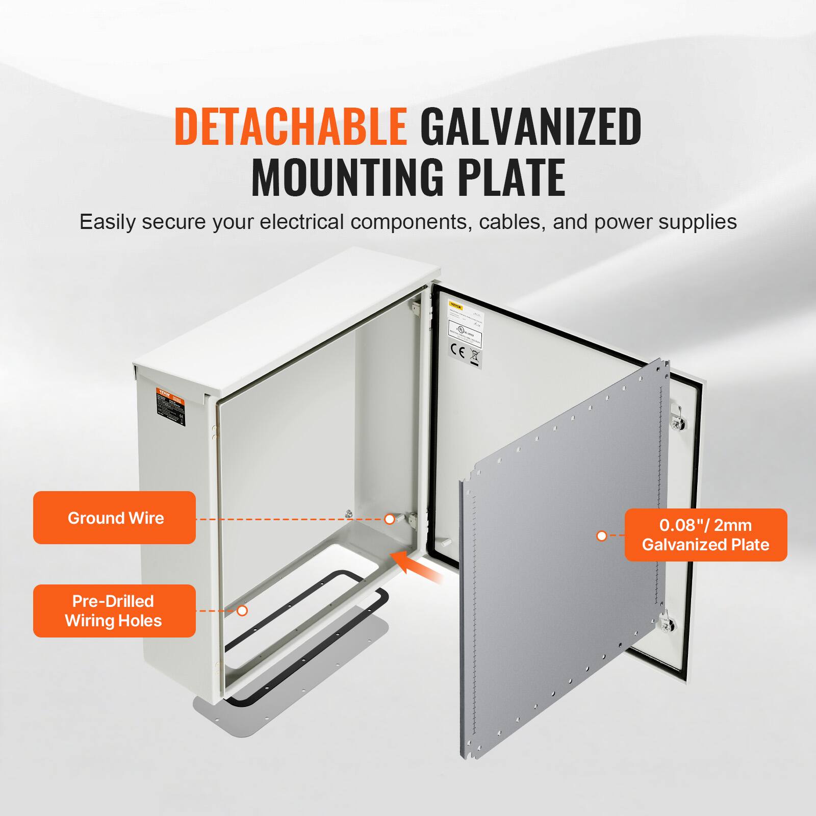 DETACHABLE GALVANIZED MOUNTING PLATE

Easily secure your electrical components, cables, and power supplies

Ground Wire

Pre-Drilled Wiring Holes

0.08"/2mm Galvanized Plate