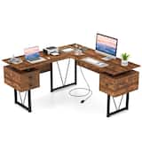 Gymax - 59'' L-shaped Computer Desk w/ Charging Station Corner Desk Sturdy Metal Frame - Rustic Brown, Black