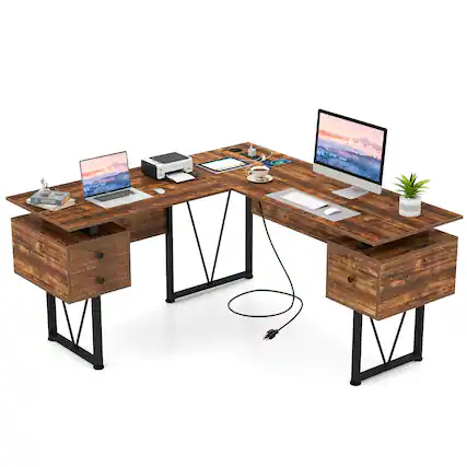 Front. Gymax - Gymax 59'' L-shaped Computer Desk w/ Charging Station Corner Desk Sturdy Metal Frame - Rustic Brown, Black.