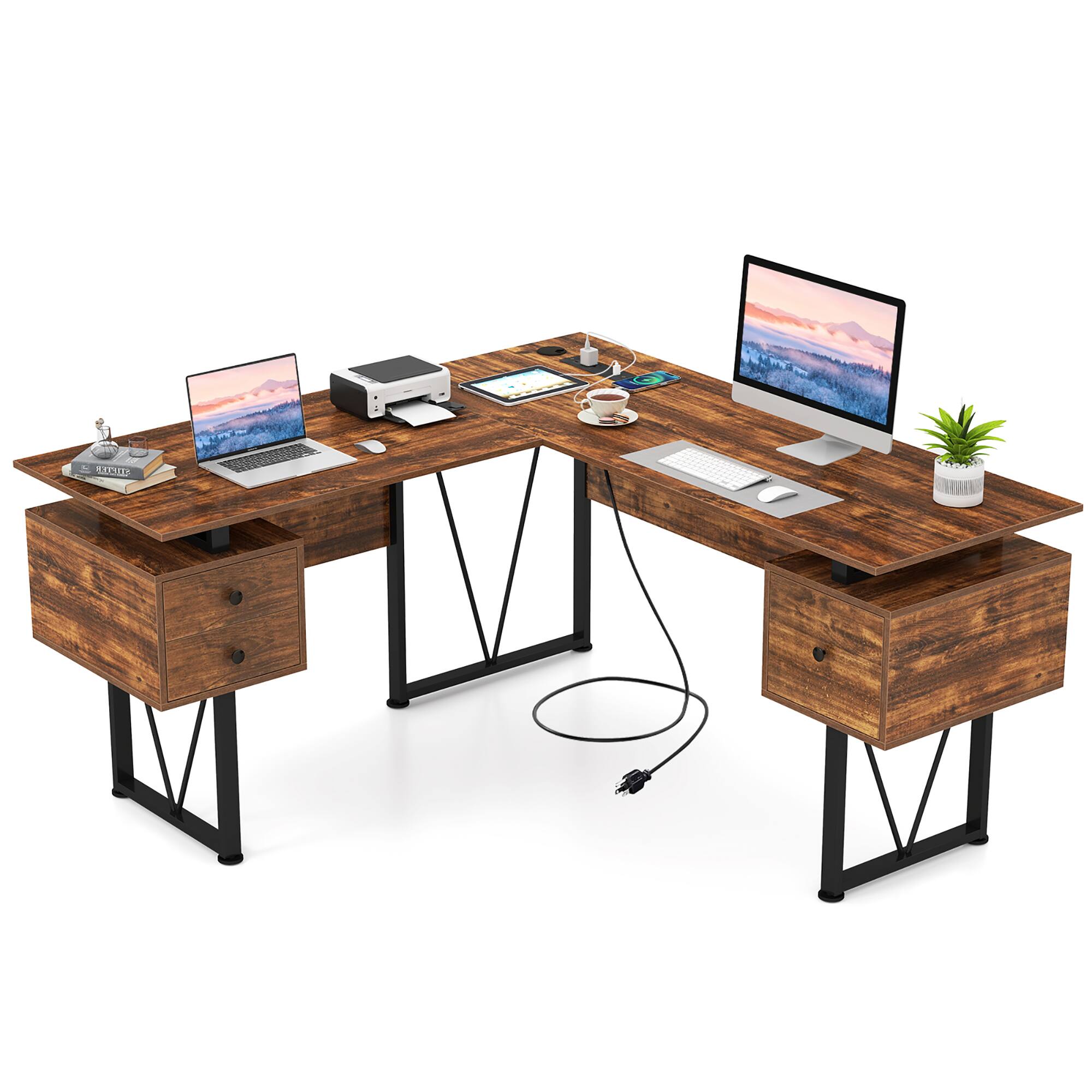 Front. Gymax - Gymax 59'' L-shaped Computer Desk w/ Charging Station Corner Desk Sturdy Metal Frame - Rustic Brown, Black.