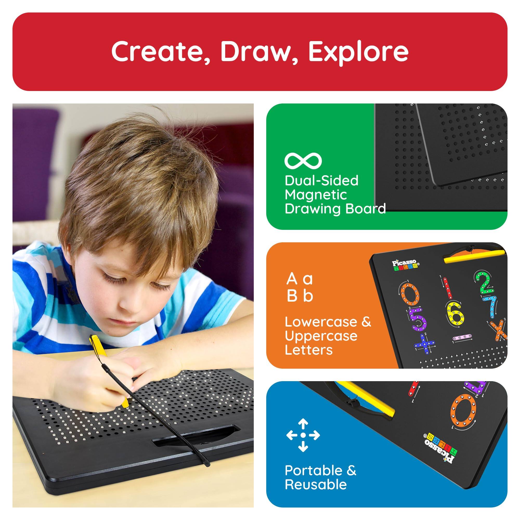 Create, Draw, Explore

Dual-Sided Magnetic Drawing Board

A a B b  
Lowercase & Uppercase Letters

Portable & Reusable