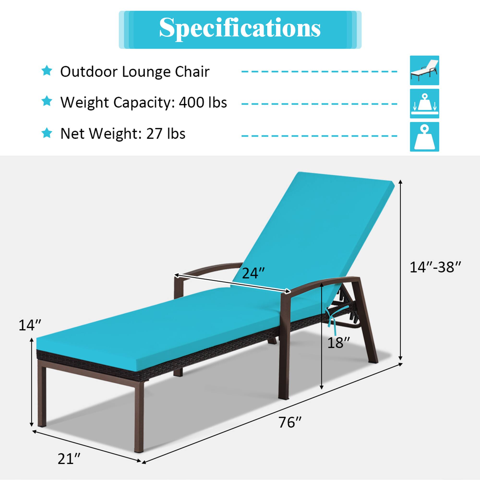 Specifications
Outdoor Lounge Chair
Weight Capacity: 400 lbs
Net Weight: 27 lbs
24"
14"-38"
14"
18"
76"
21"