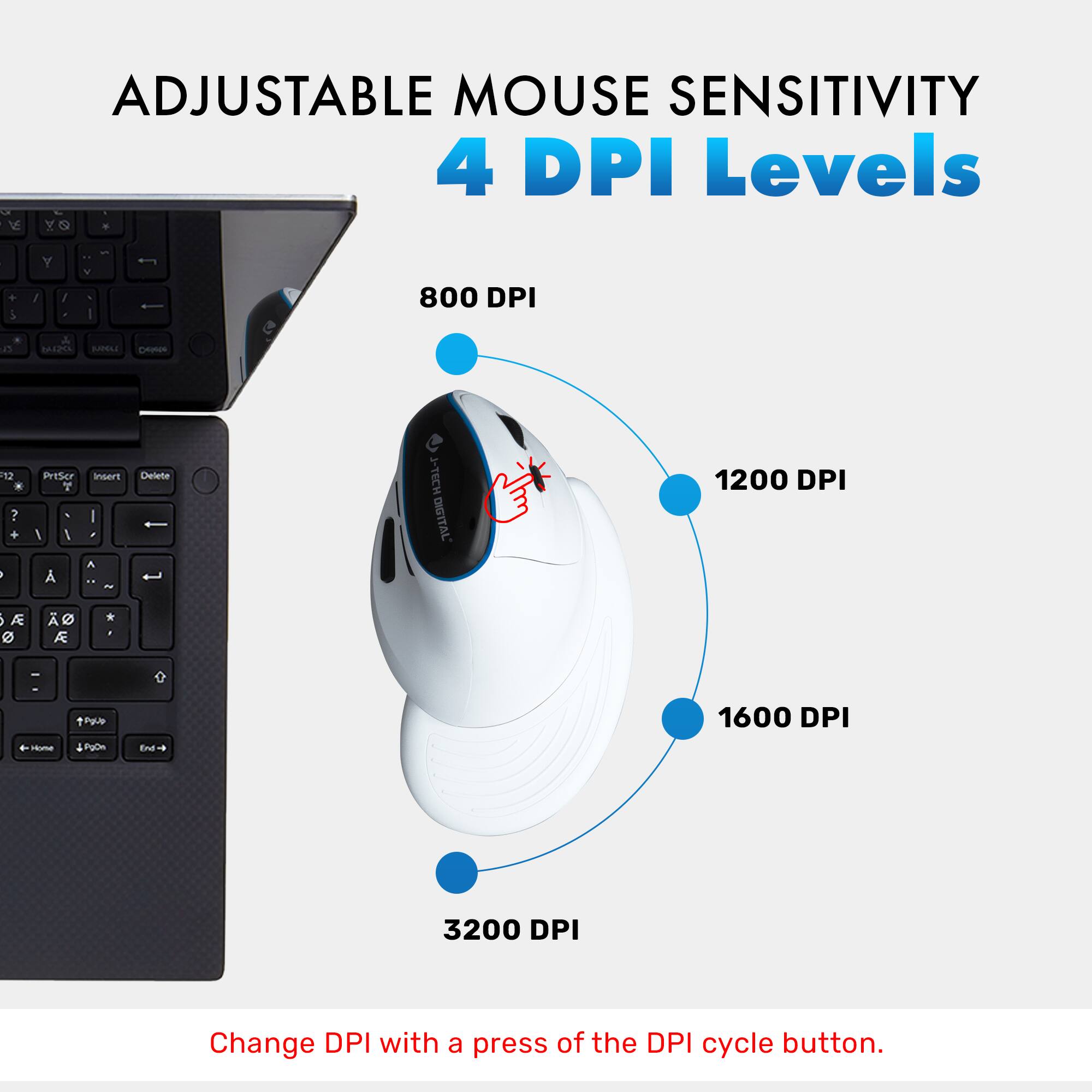 ADJUSTABLE MOUSE SENSITIVITY  
4 DPI Levels  

800 DPI  
1200 DPI  
1600 DPI  
3200 DPI  

Change DPI with a press of the DPI cycle button.