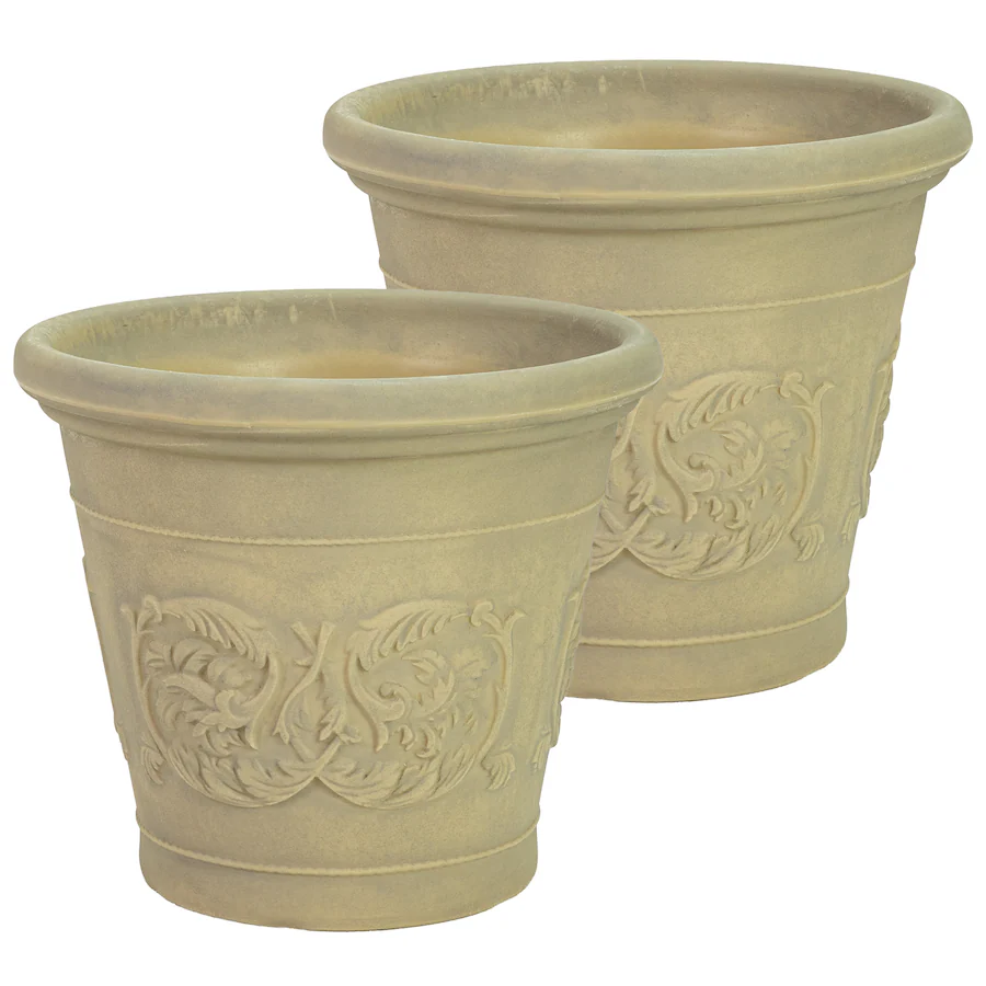 Polyrein Sunnydaze 16 in Arabella Polyresin Outdoor Planter Set of 2 Beige ...