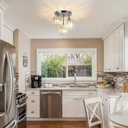 Angle. LUCKY ONE - 10.6in Semi Flush Mount Crystal Ceiling Light, 3-Light Fixture for Kitchen Hallway Bedroom Bathroom - Silver.