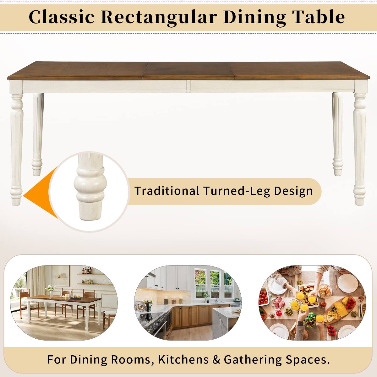 Classic Rectangular Dining Table  
Traditional Turned-Leg Design  
For Dining Rooms, Kitchens & Gathering Spaces.
