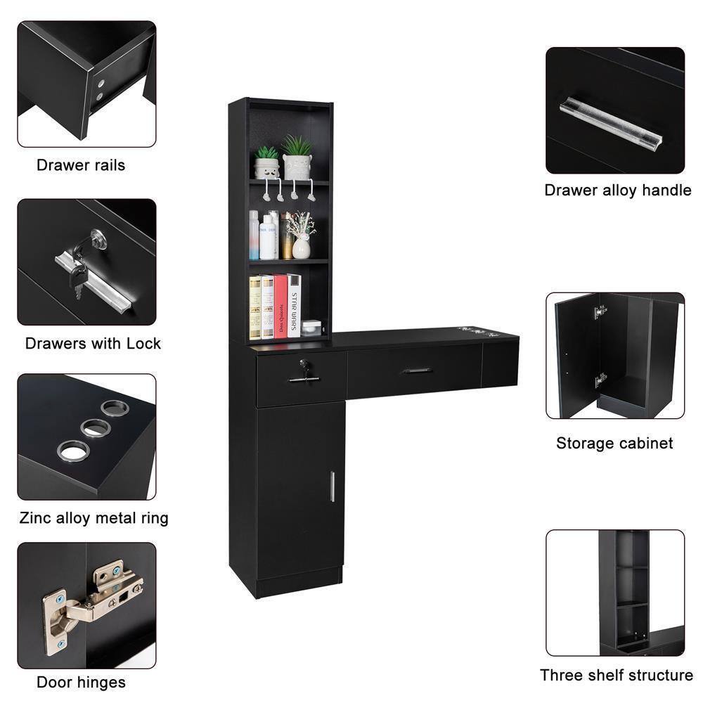 Drawer rails  
Drawer alloy handle  
Drawers with Lock  
Zinc alloy metal ring  
Door hinges  
Storage cabinet  
Three shelf structure