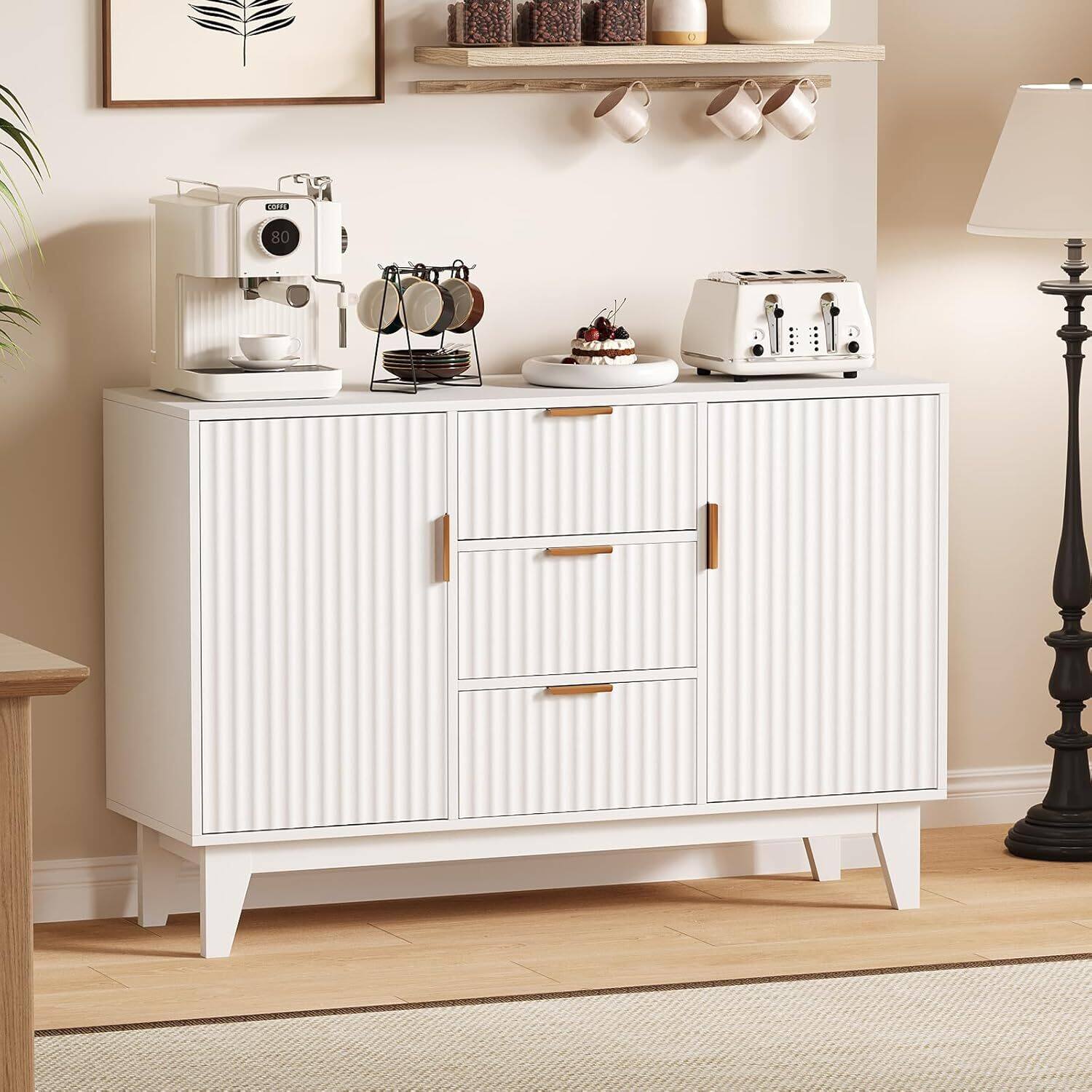 Front. GARVEE - Modern Fluted Sideboard Buffet Cabinet with Storage, Farmhouse Kitchen Storage Cabinet with 2 Doors, White - White.